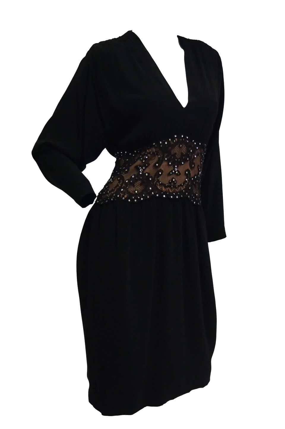 1990s Bob Mackie Black Silk, Lace and Rhinestone Cocktail Dress