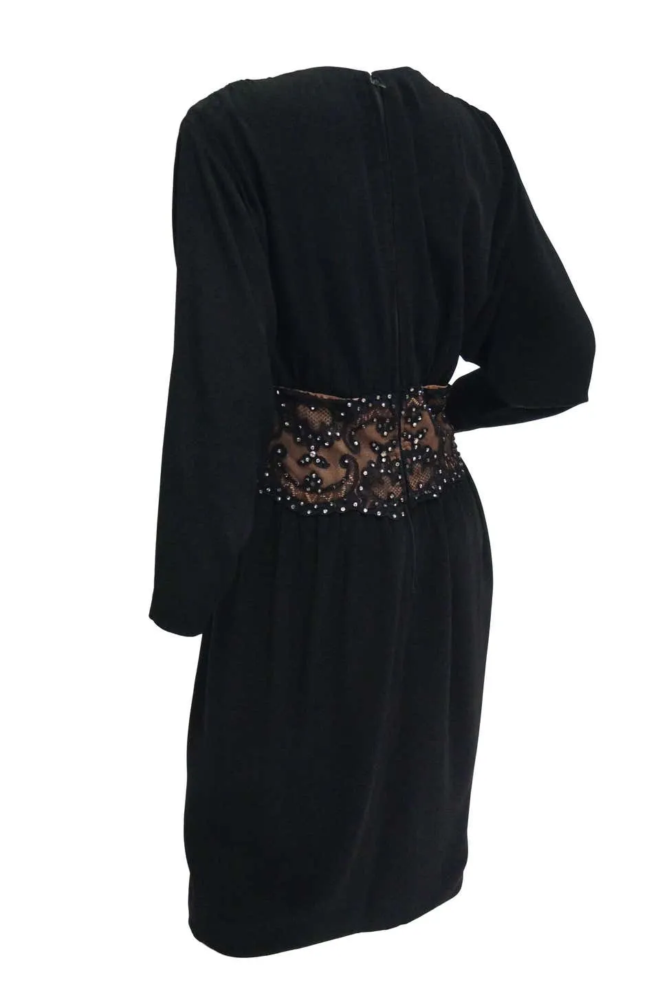 1990s Bob Mackie Black Silk, Lace and Rhinestone Cocktail Dress
