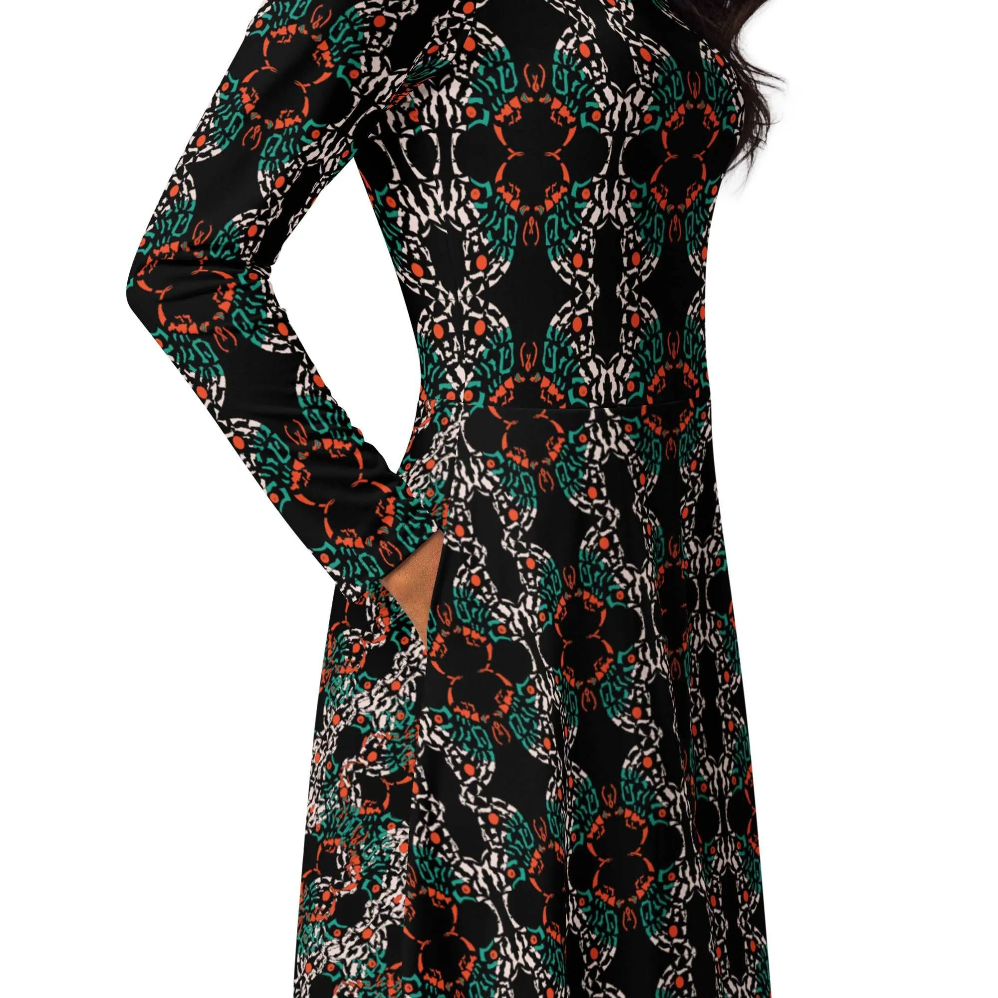 Abstract Art Dress, All-Over Print Long Sleeve Butterfly Midi Dress