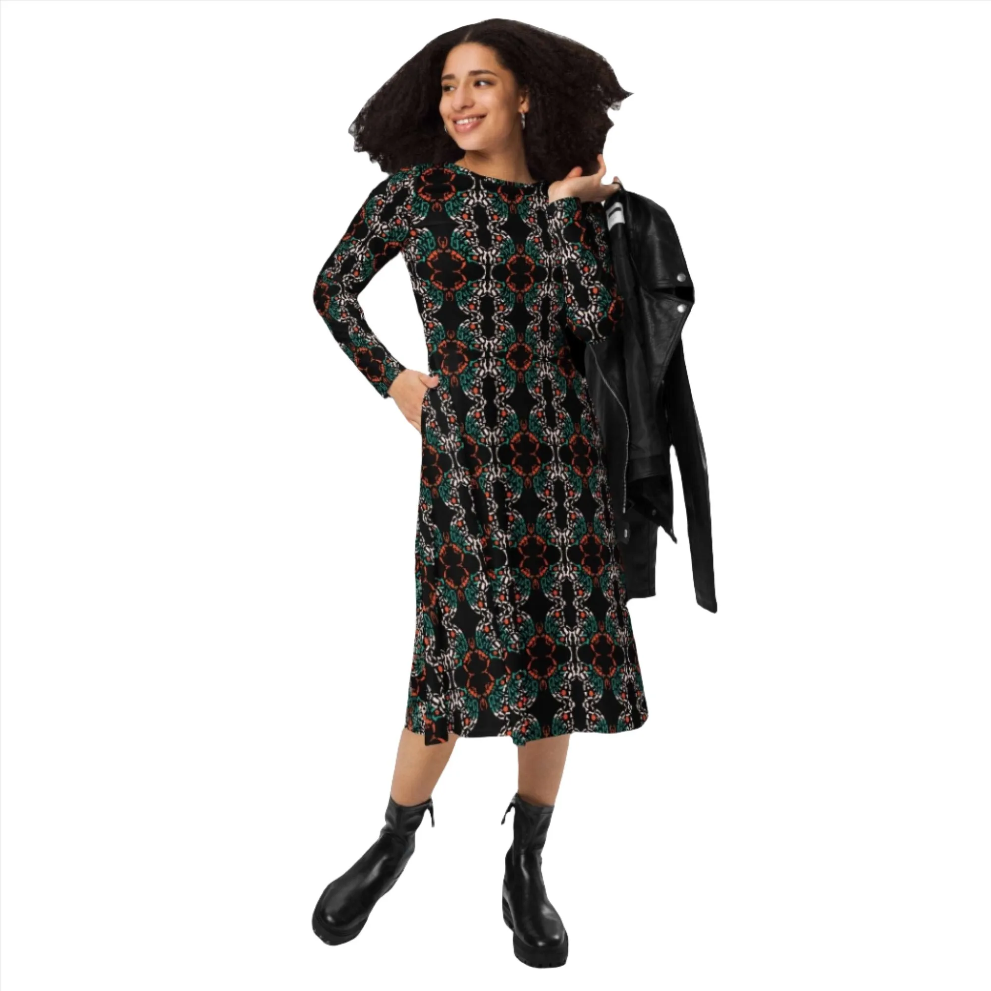 Abstract Art Dress, All-Over Print Long Sleeve Butterfly Midi Dress