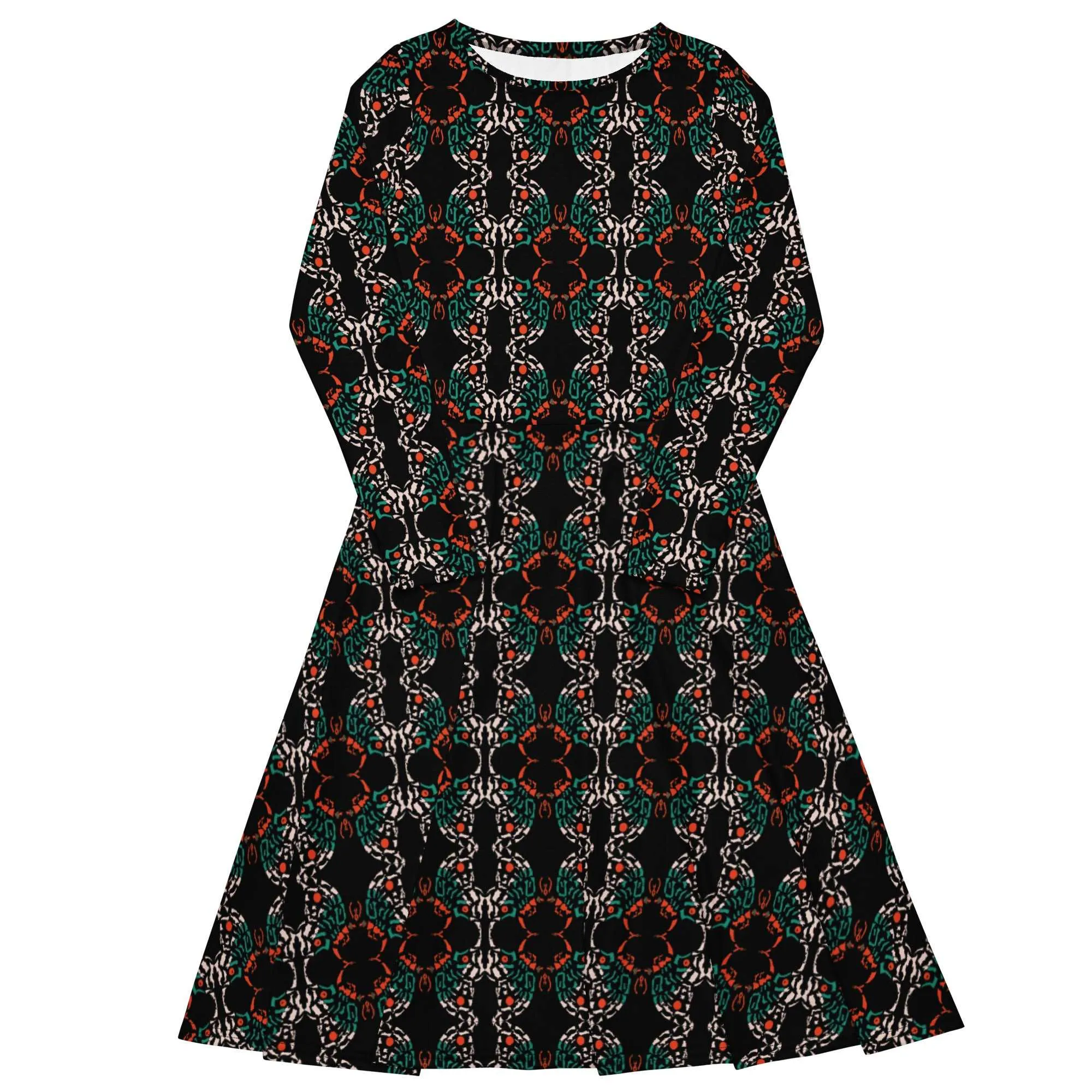 Abstract Art Dress, All-Over Print Long Sleeve Butterfly Midi Dress