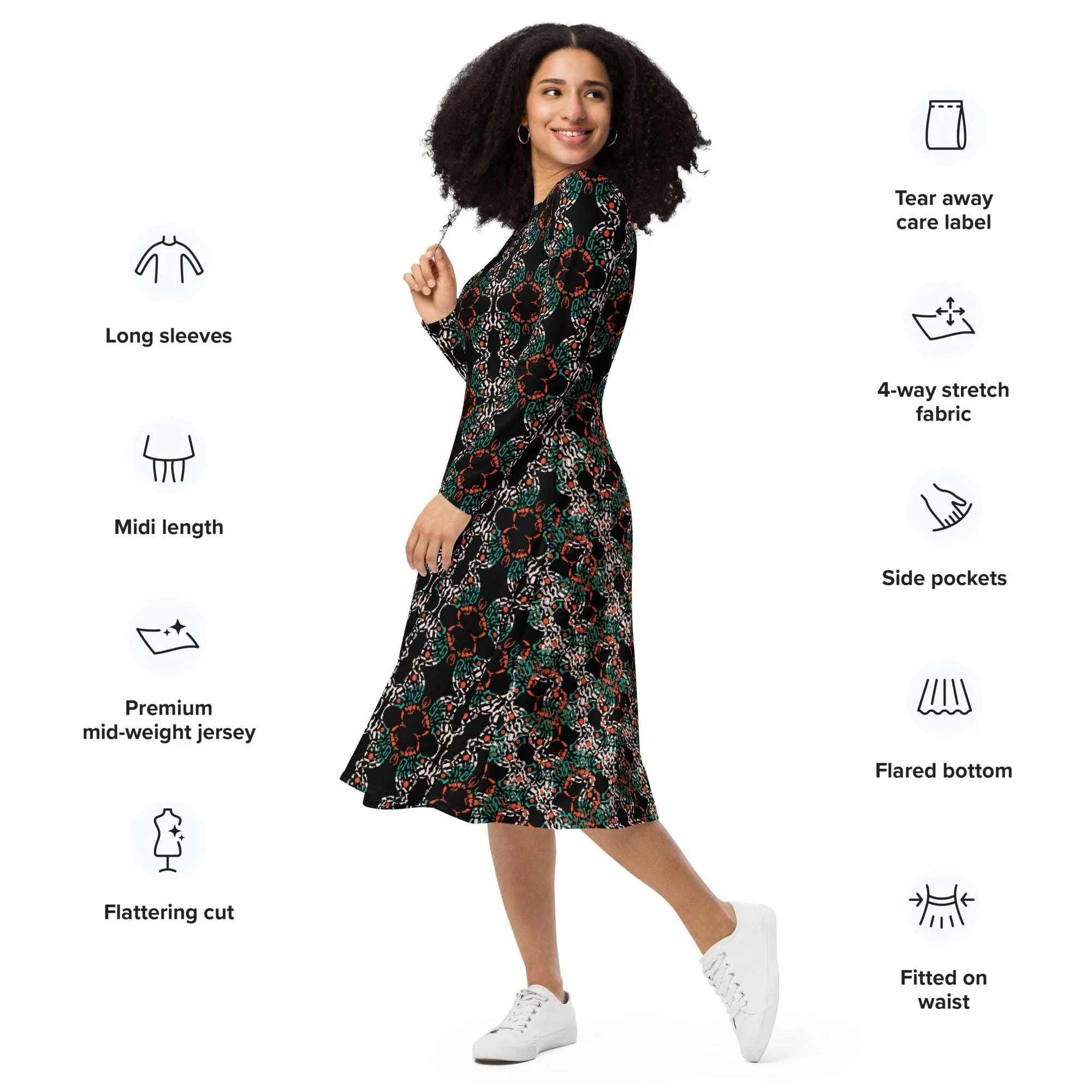 Abstract Art Dress, All-Over Print Long Sleeve Butterfly Midi Dress