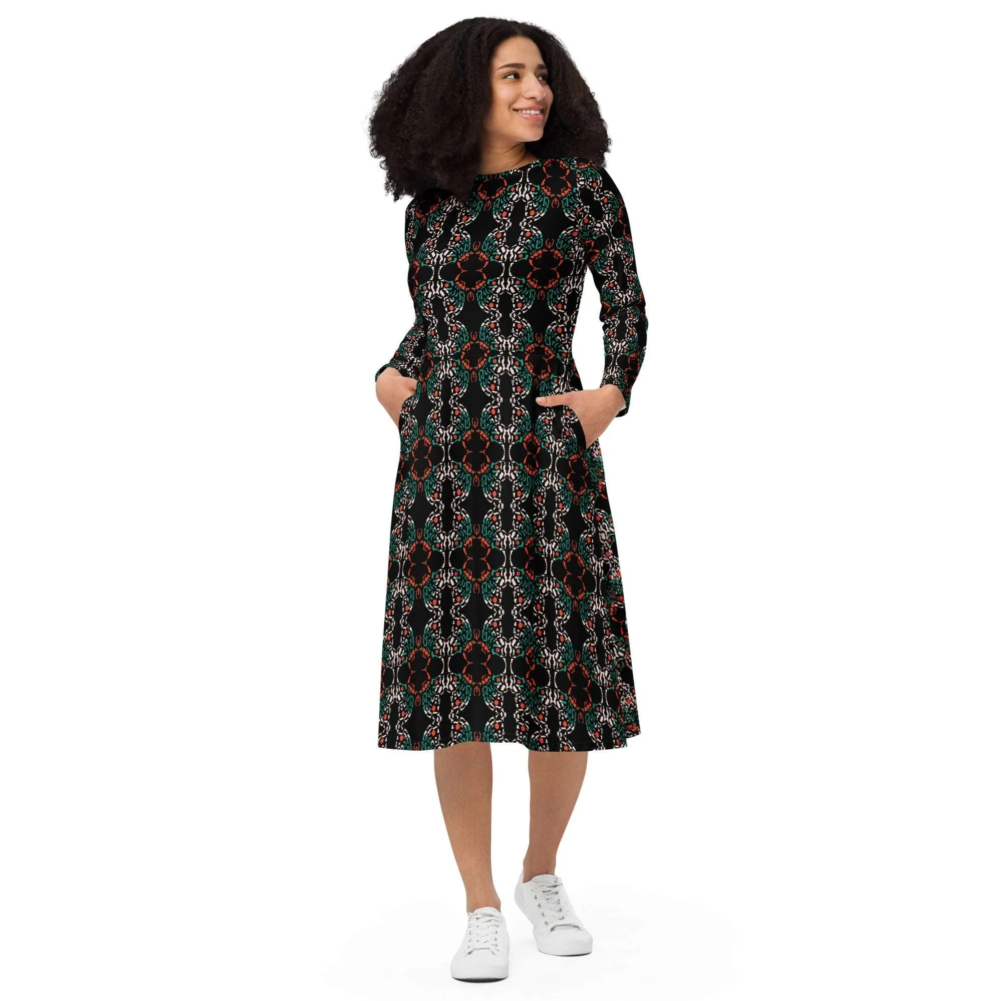 Abstract Art Dress, All-Over Print Long Sleeve Butterfly Midi Dress