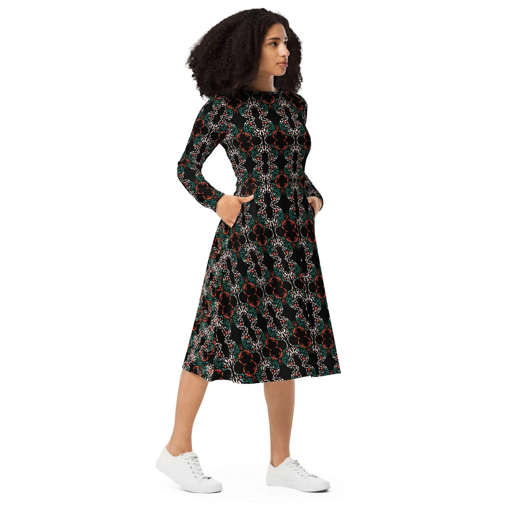Abstract Art Dress, All-Over Print Long Sleeve Butterfly Midi Dress