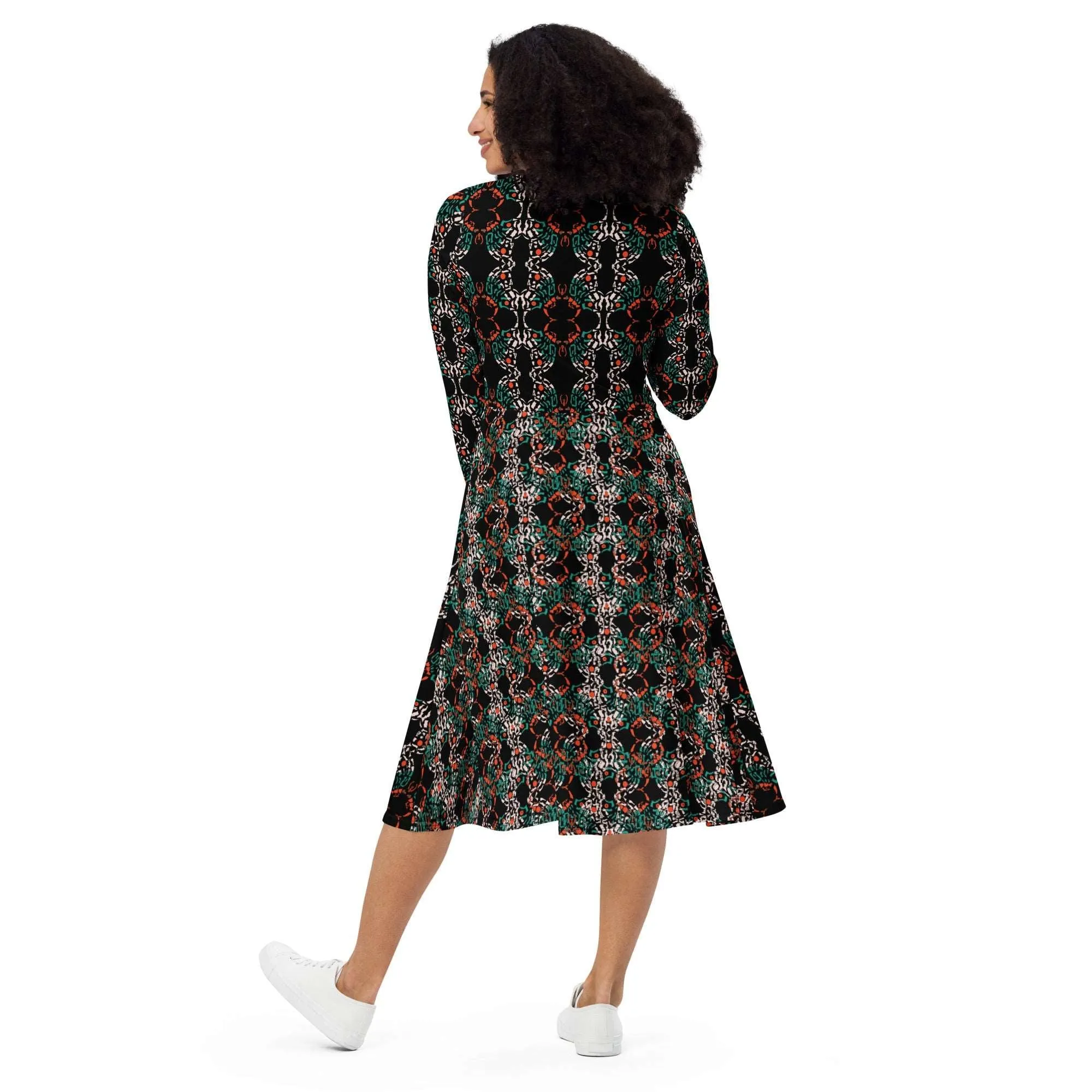 Abstract Art Dress, All-Over Print Long Sleeve Butterfly Midi Dress