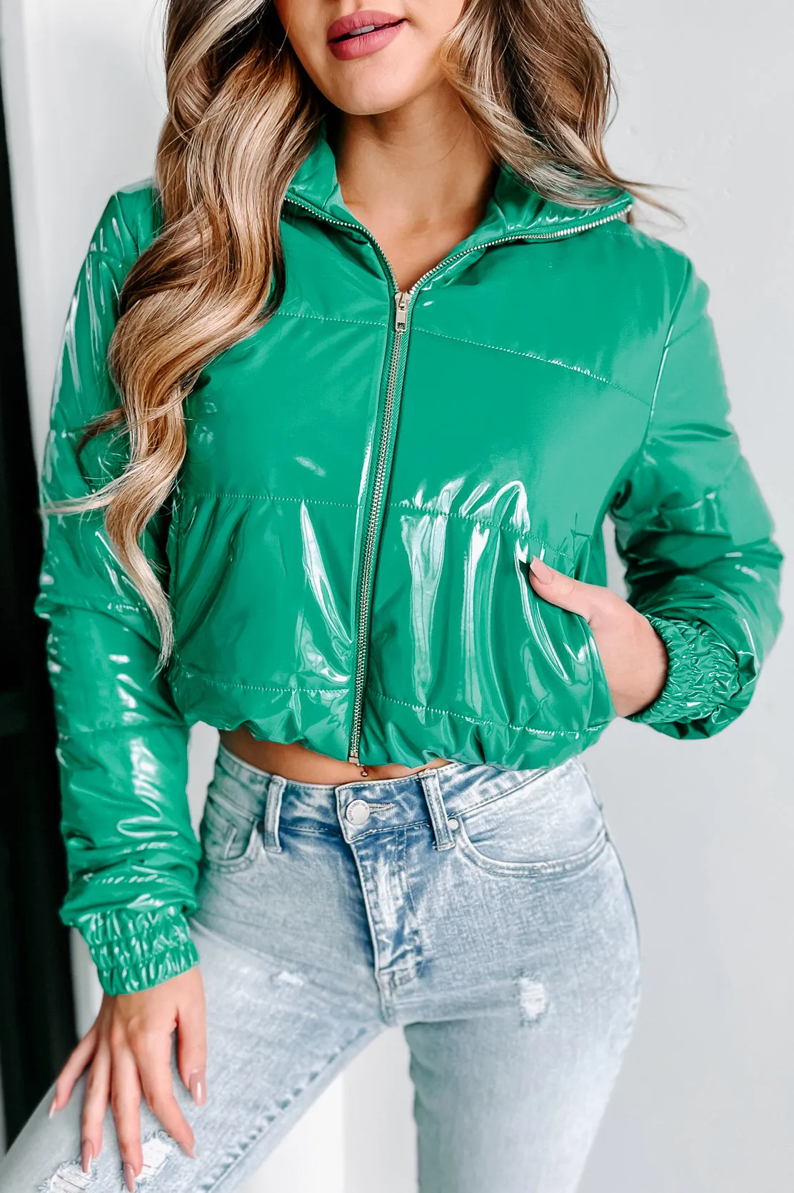 Big City Streets Patent Leather Puffer Jacket (Kelly Green)