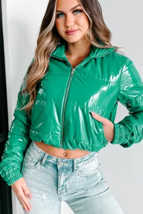Big City Streets Patent Leather Puffer Jacket (Kelly Green)