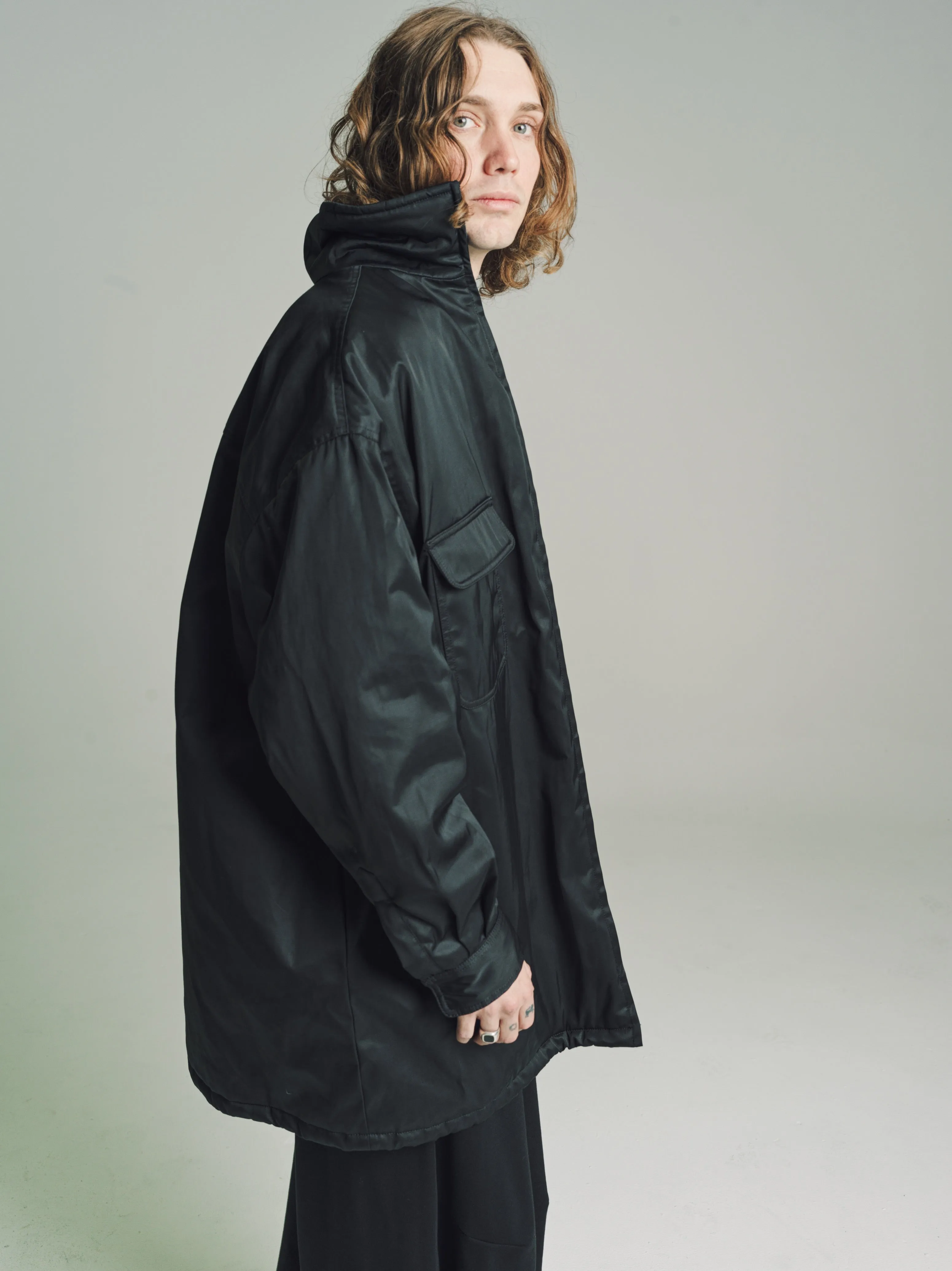 Black Nylon Quilted Shirt Jacket