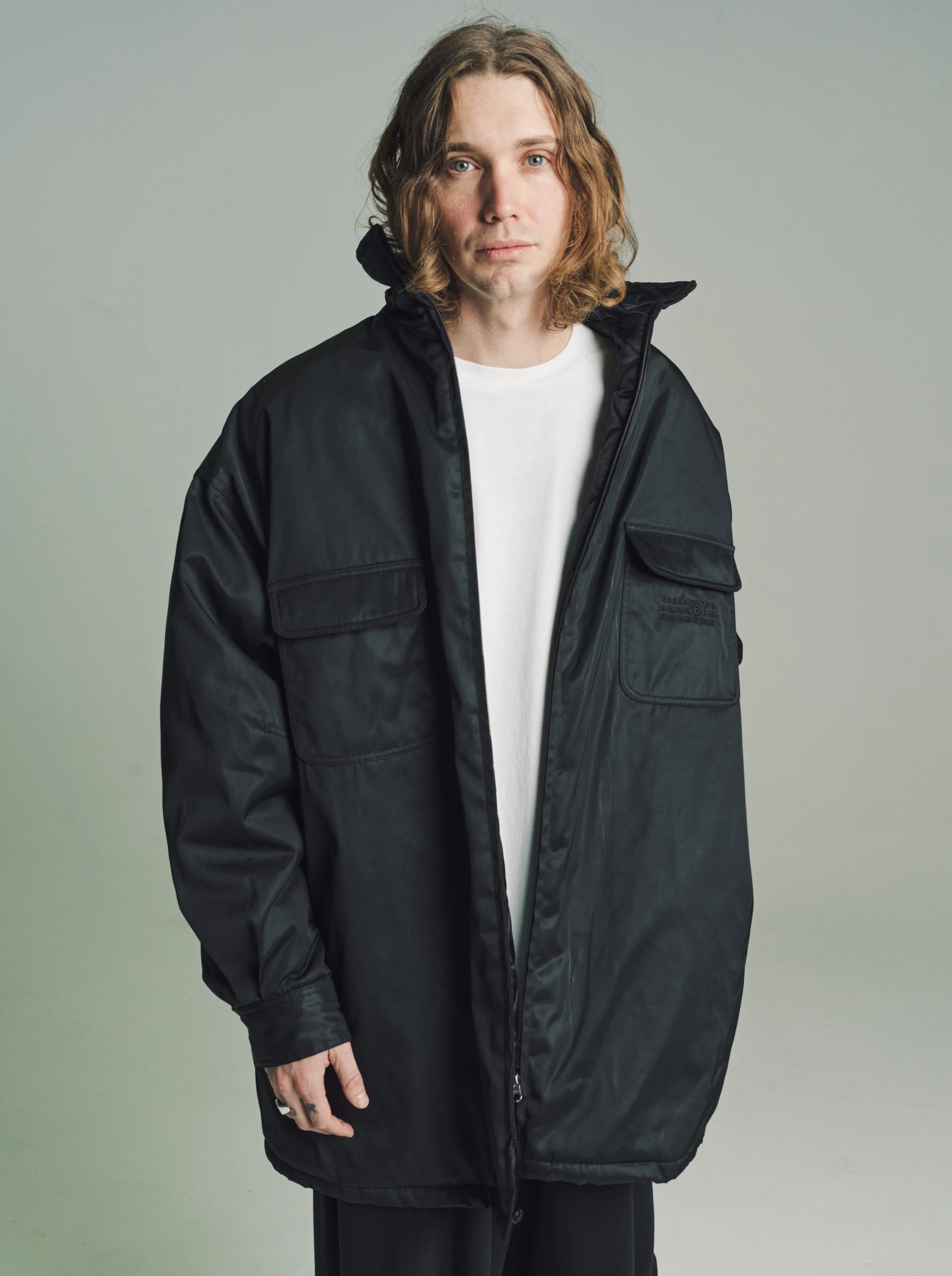 Black Nylon Quilted Shirt Jacket