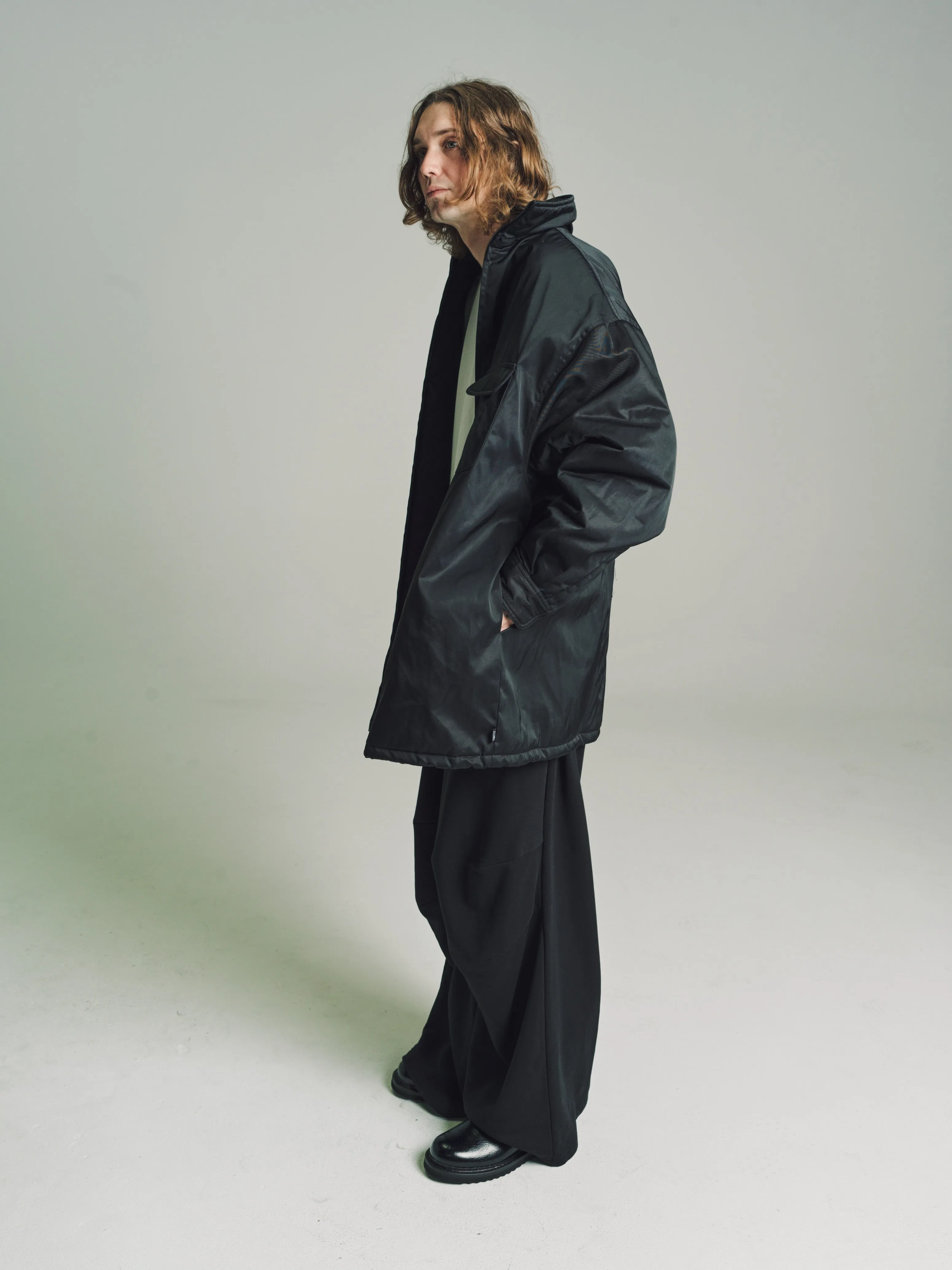 Black Nylon Quilted Shirt Jacket