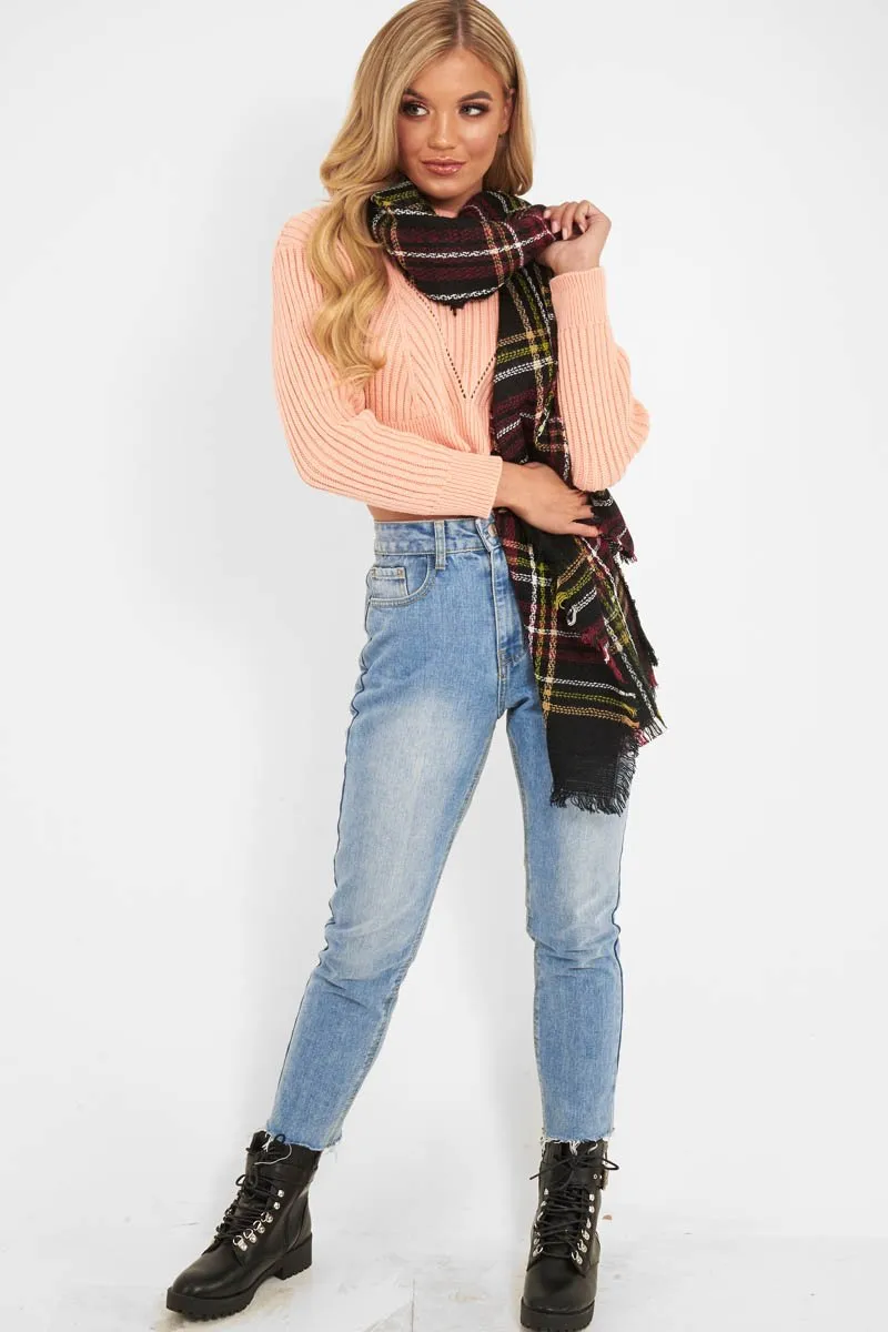 Black Red Tartan Fringe Hem Scarf - Liany