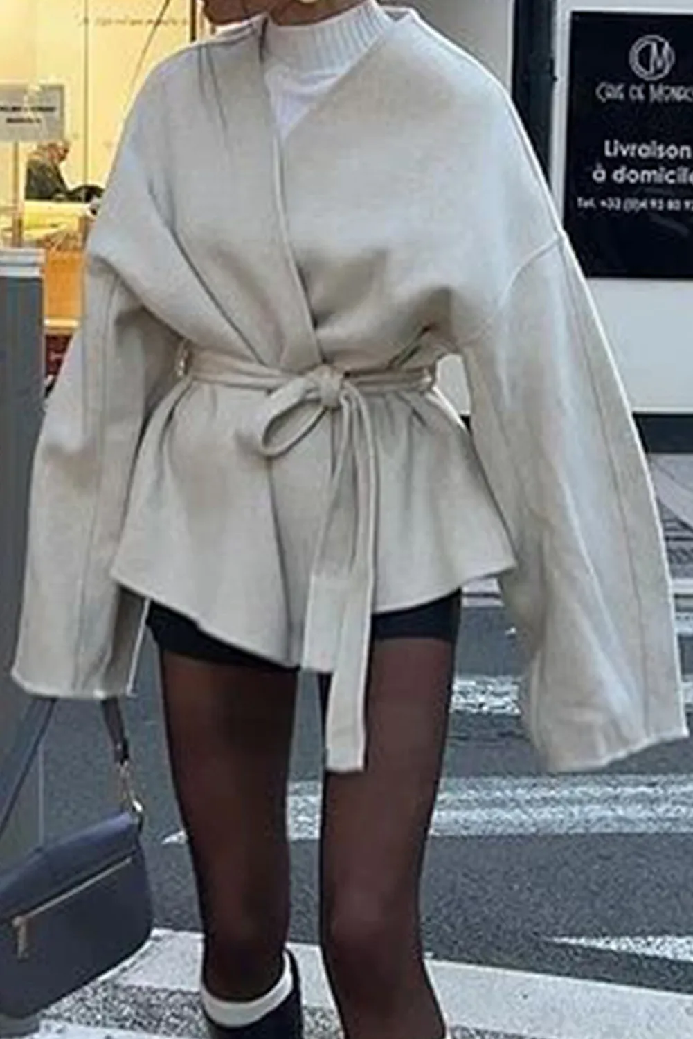 Blue Zone Planet |  Beige Solid Color Drop Sleeve Belted Trench Coat