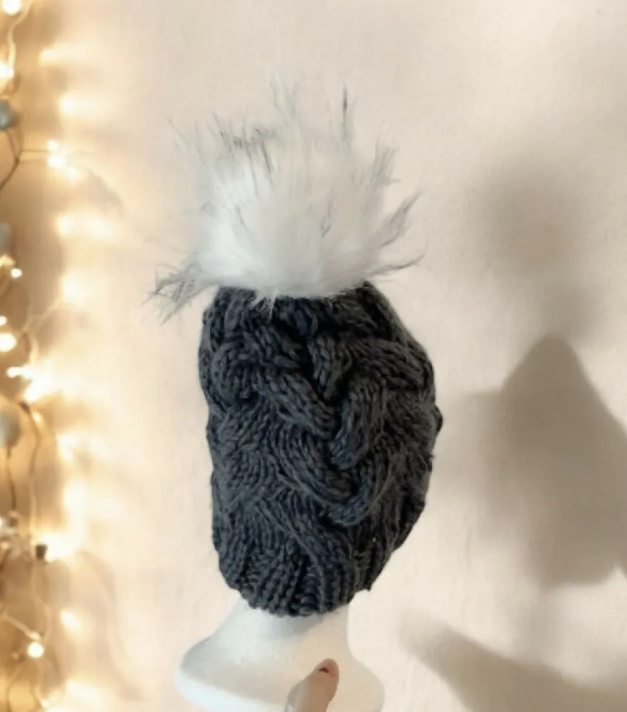 Cable Hand Knit Slouchy Beanie in Dark grey with white fur pompom