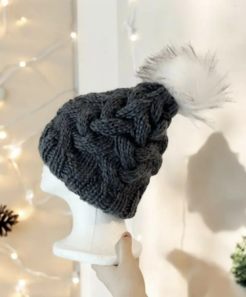 Cable Hand Knit Slouchy Beanie in Dark grey with white fur pompom