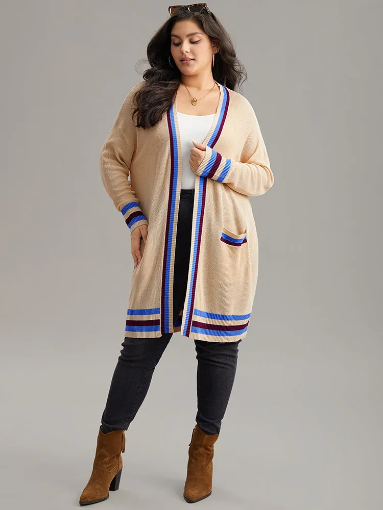 Contrast Striped Patched Pocket Drop Shoulder Cardigan
