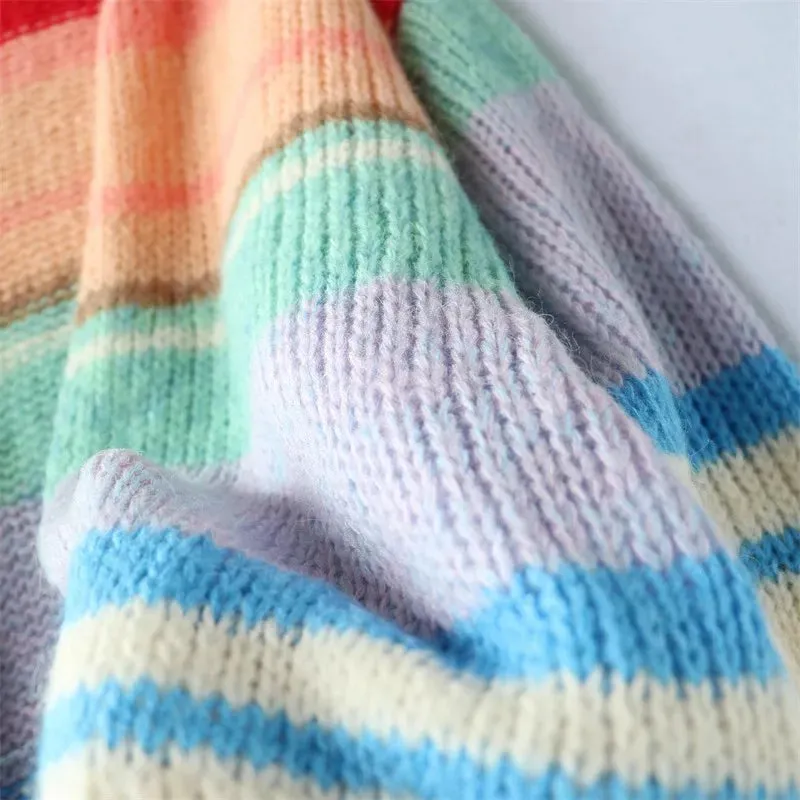 Fall Winter Women Cardigan Oversize Girls Sweet Knitted Rainbow Striped Coat Sweater Tops C-268