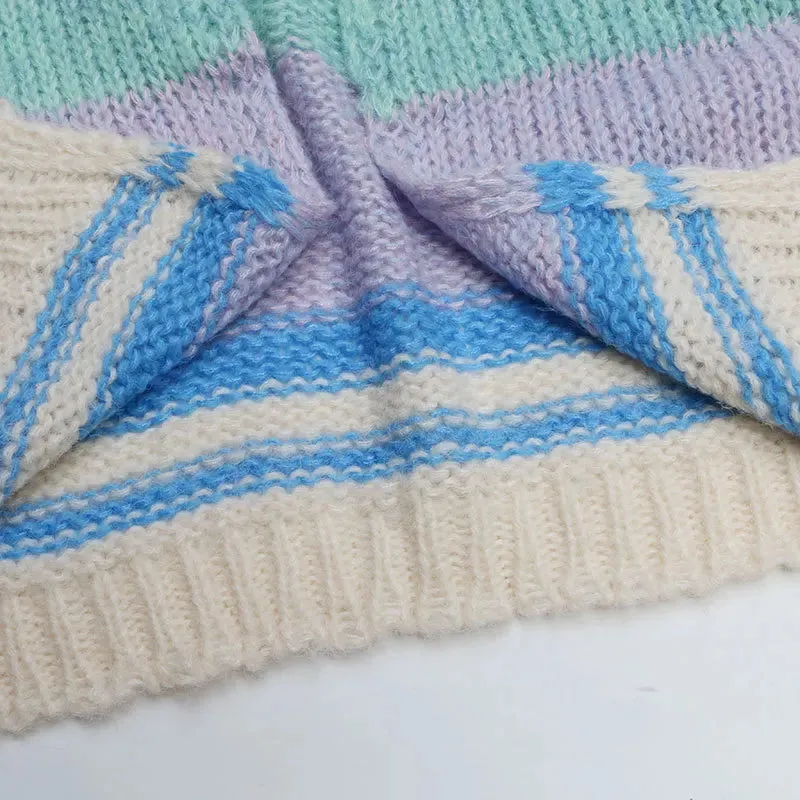 Fall Winter Women Cardigan Oversize Girls Sweet Knitted Rainbow Striped Coat Sweater Tops C-268