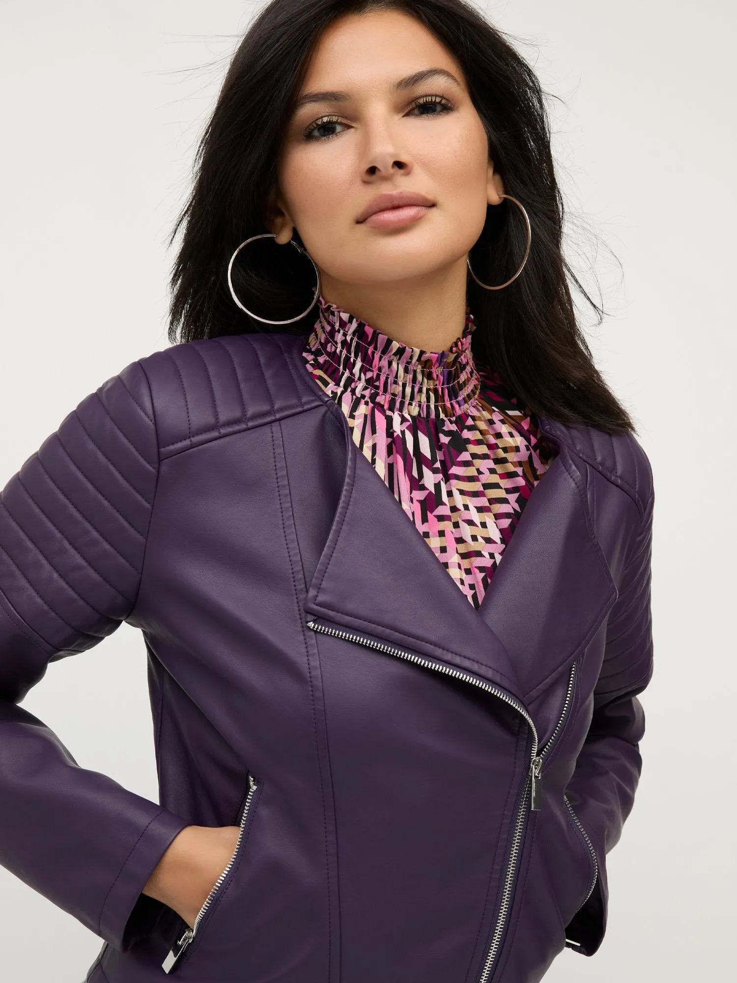 Faux-Leather Trapunto-Quilted Collarless Jacket