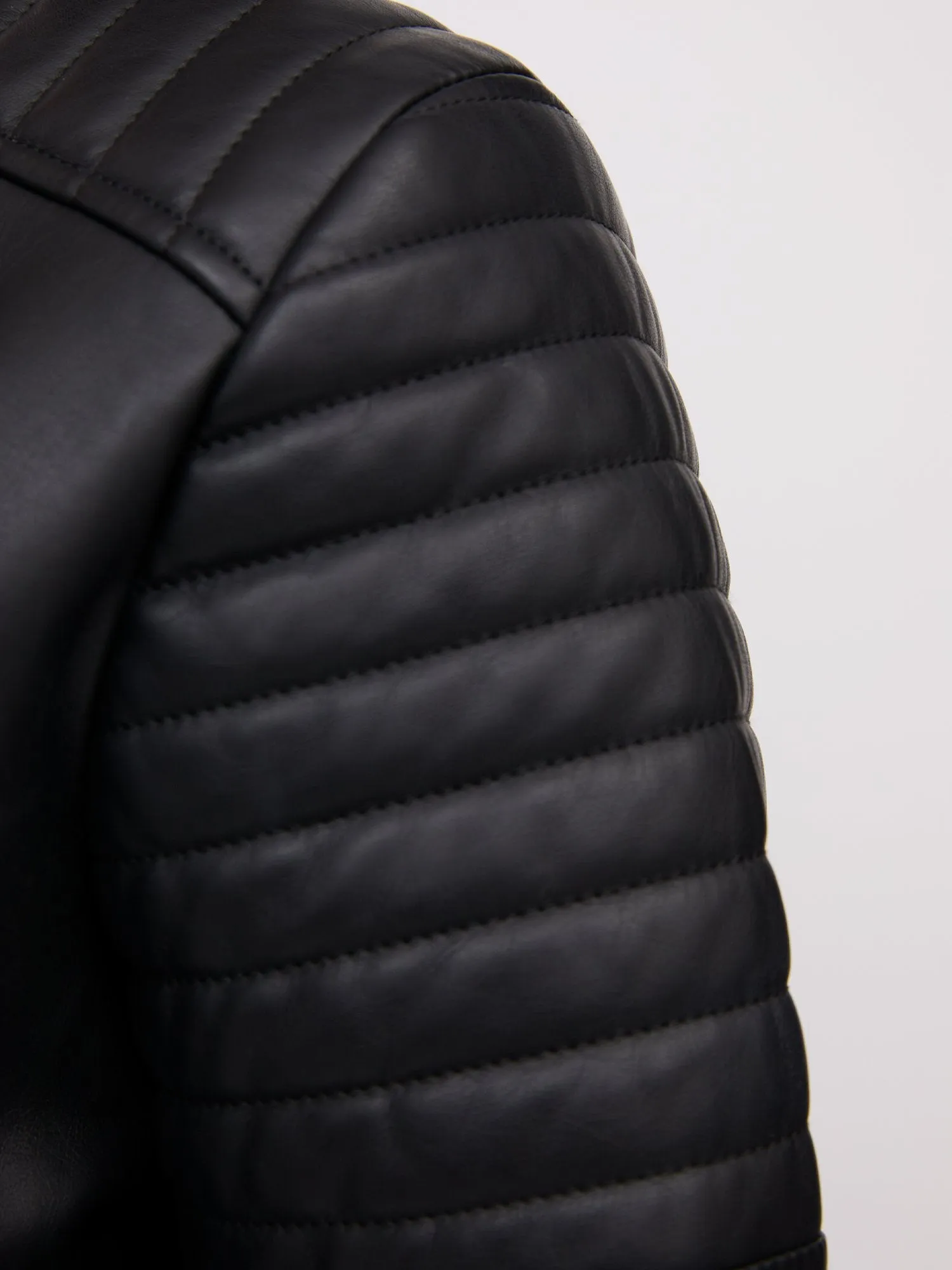 Faux-Leather Trapunto-Quilted Collarless Jacket