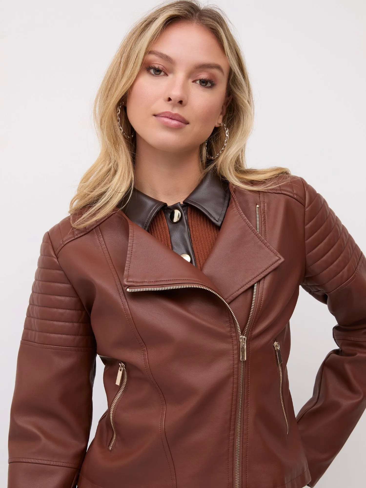 Faux-Leather Trapunto-Quilted Collarless Jacket