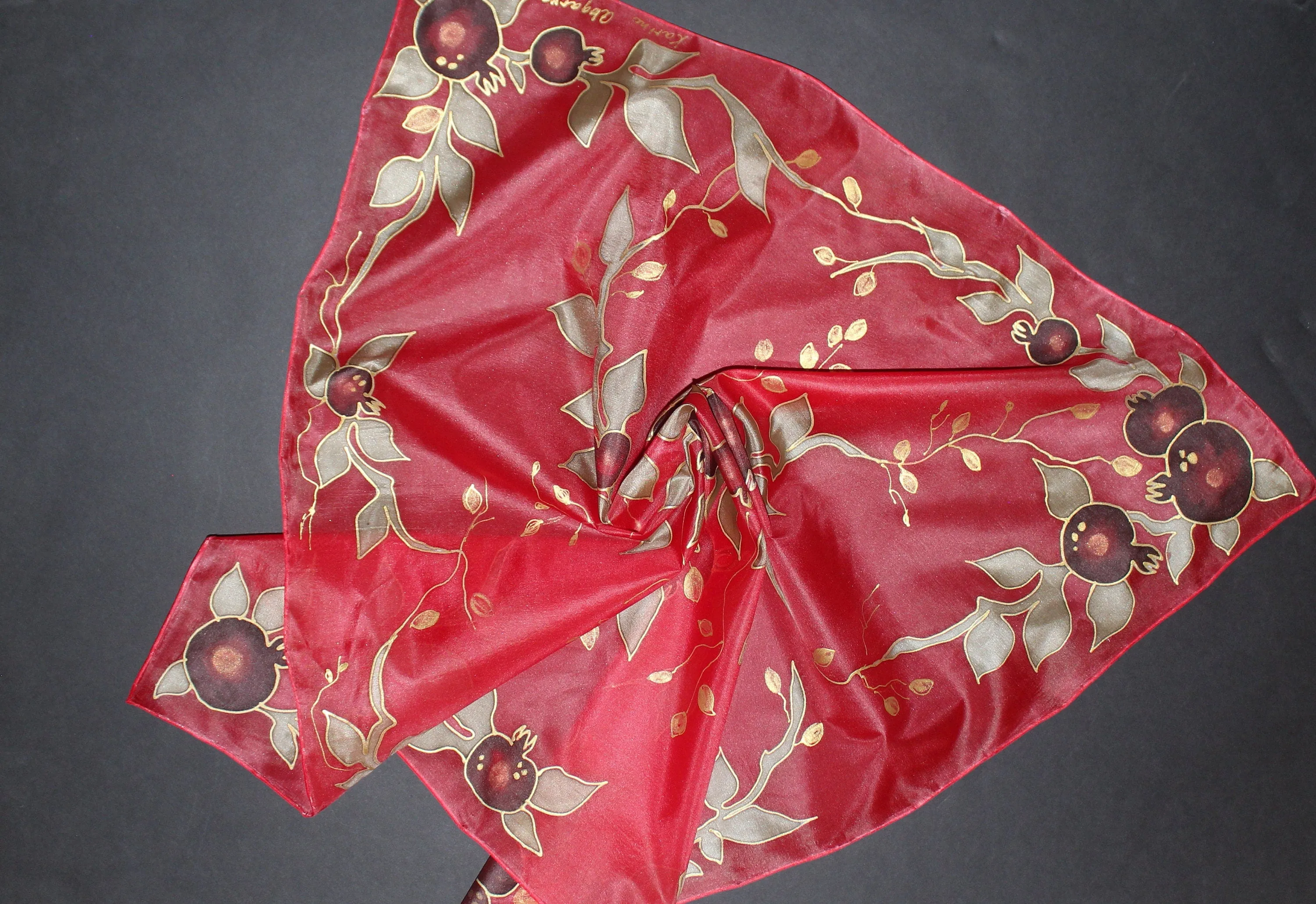 Hand painted  silk scarf,Pomegranates red silk scarf,Red green silk chiffon scarf,Armenian scarf,Armenian gift,Jewish gift for mother