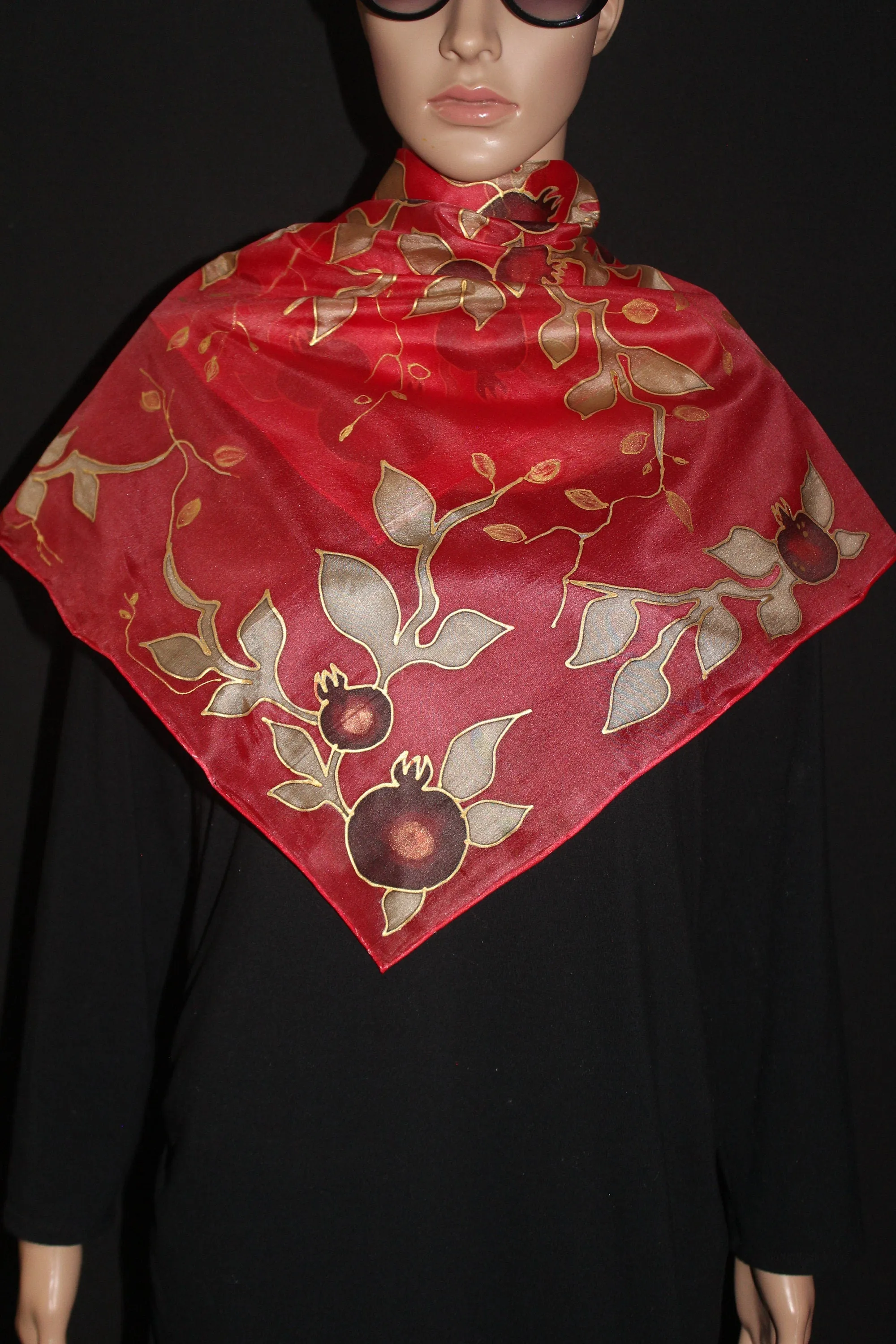 Hand painted  silk scarf,Pomegranates red silk scarf,Red green silk chiffon scarf,Armenian scarf,Armenian gift,Jewish gift for mother