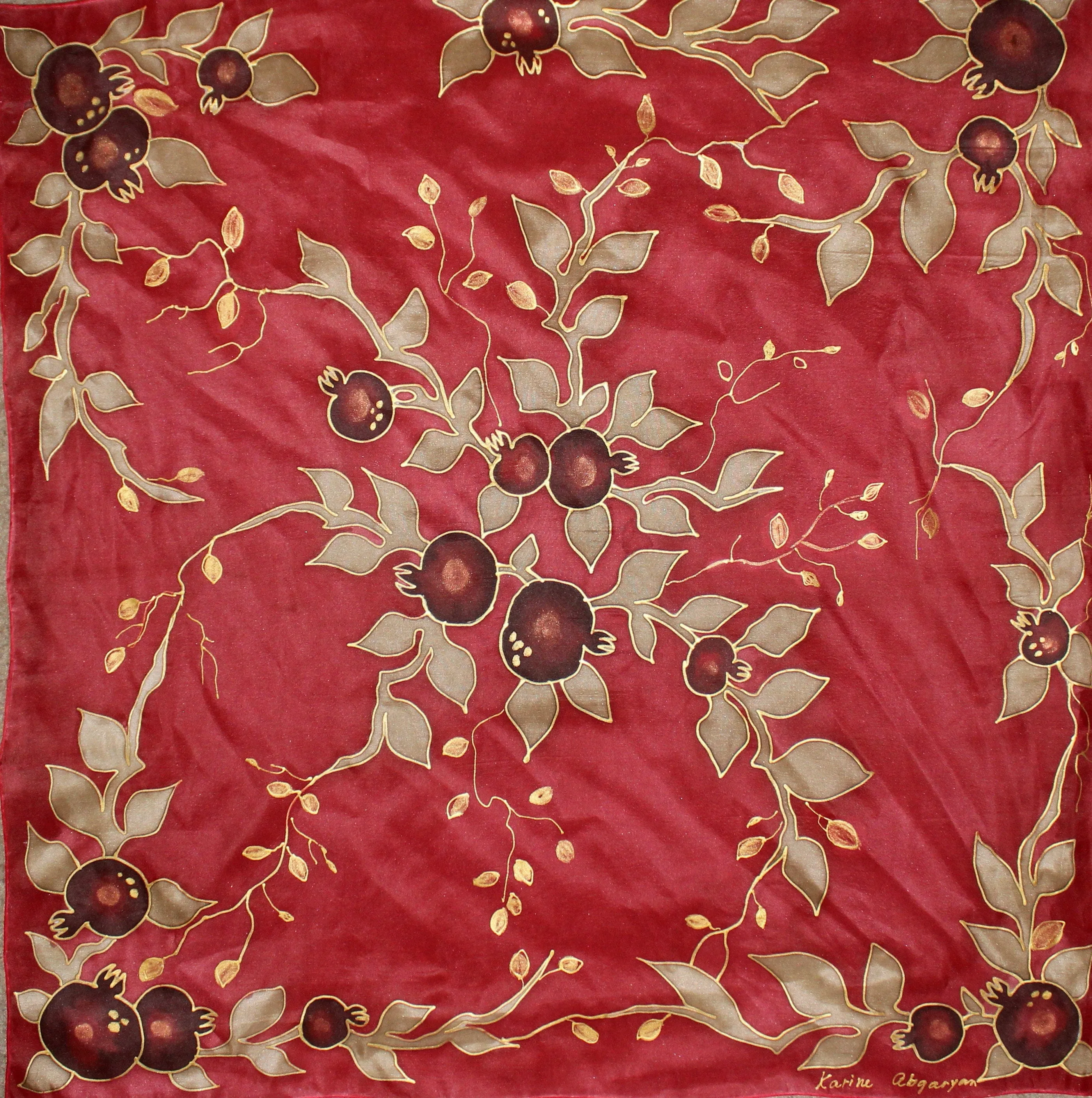 Hand painted  silk scarf,Pomegranates red silk scarf,Red green silk chiffon scarf,Armenian scarf,Armenian gift,Jewish gift for mother