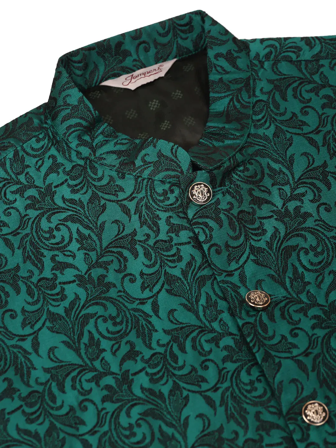 Men'S Solid Kurta Pyjama With Green Woven Design Nehru Jacket