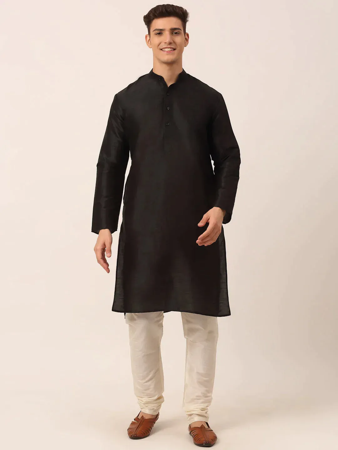 Men'S Solid Kurta Pyjama With Green Woven Design Nehru Jacket