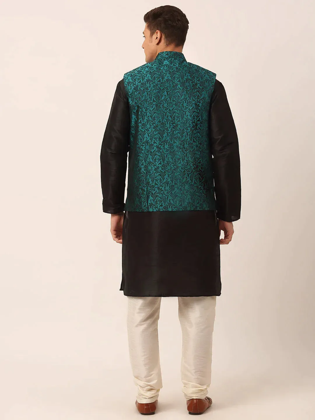 Men'S Solid Kurta Pyjama With Green Woven Design Nehru Jacket