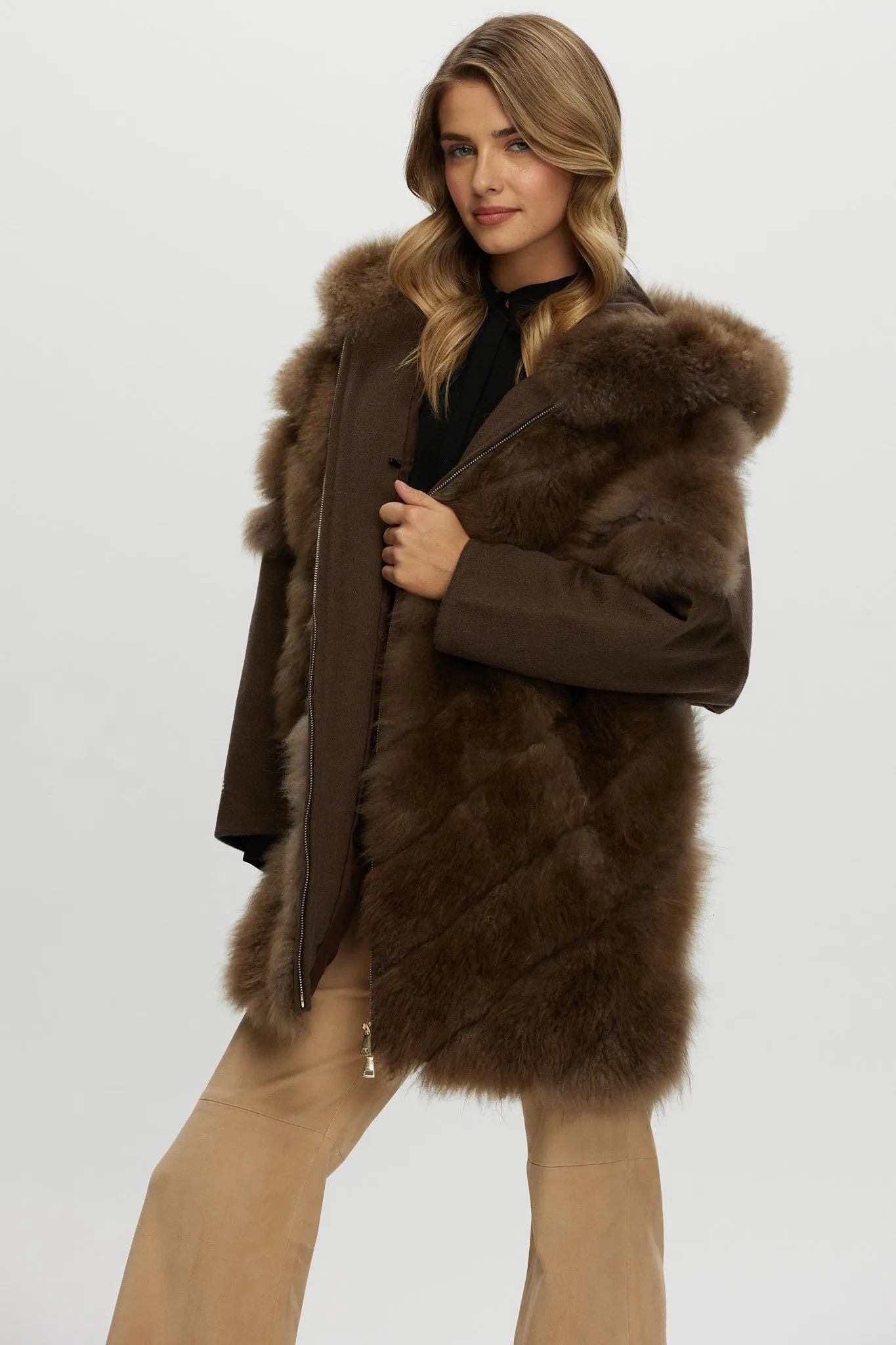 Select Cashmere Goat Diagonal Parka with Loro Piana Cashmere Sleeves and Back