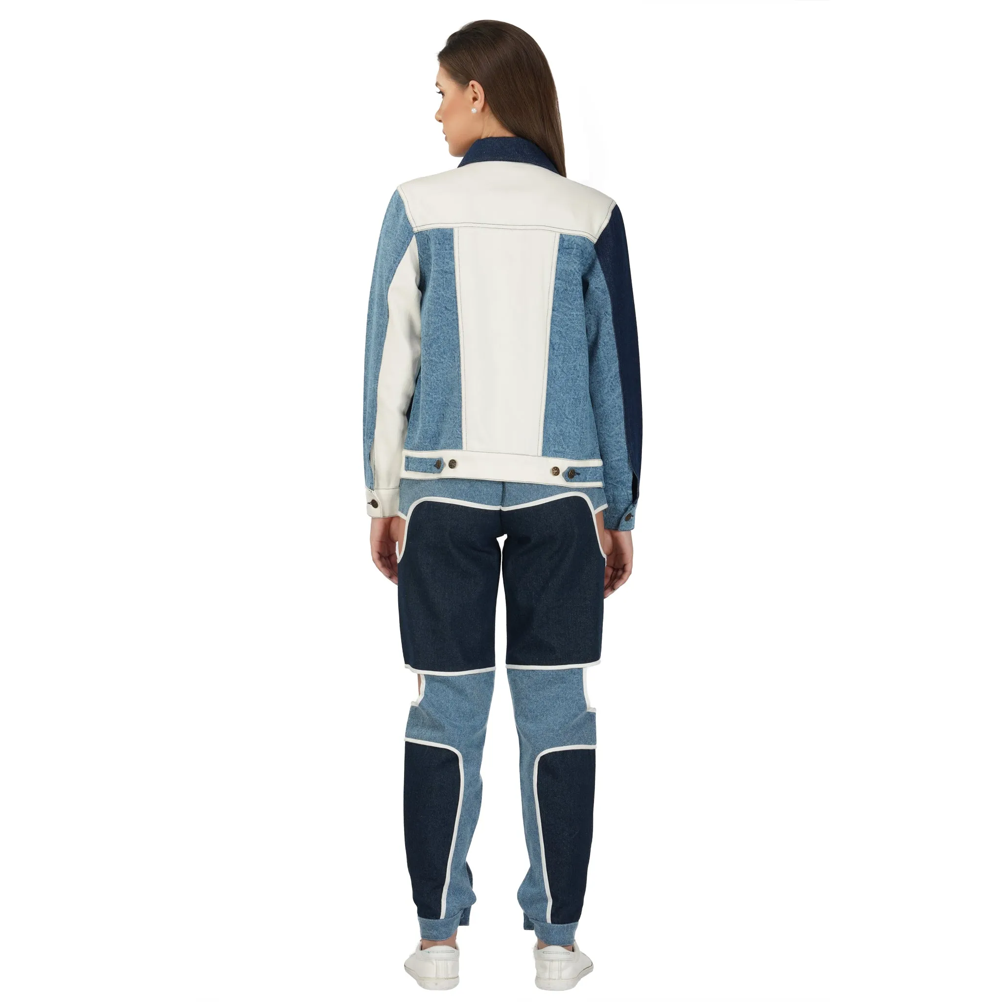 SLAY. Women's Blue & White Colorblock Denim Jacket & Jeans Co-ord Set