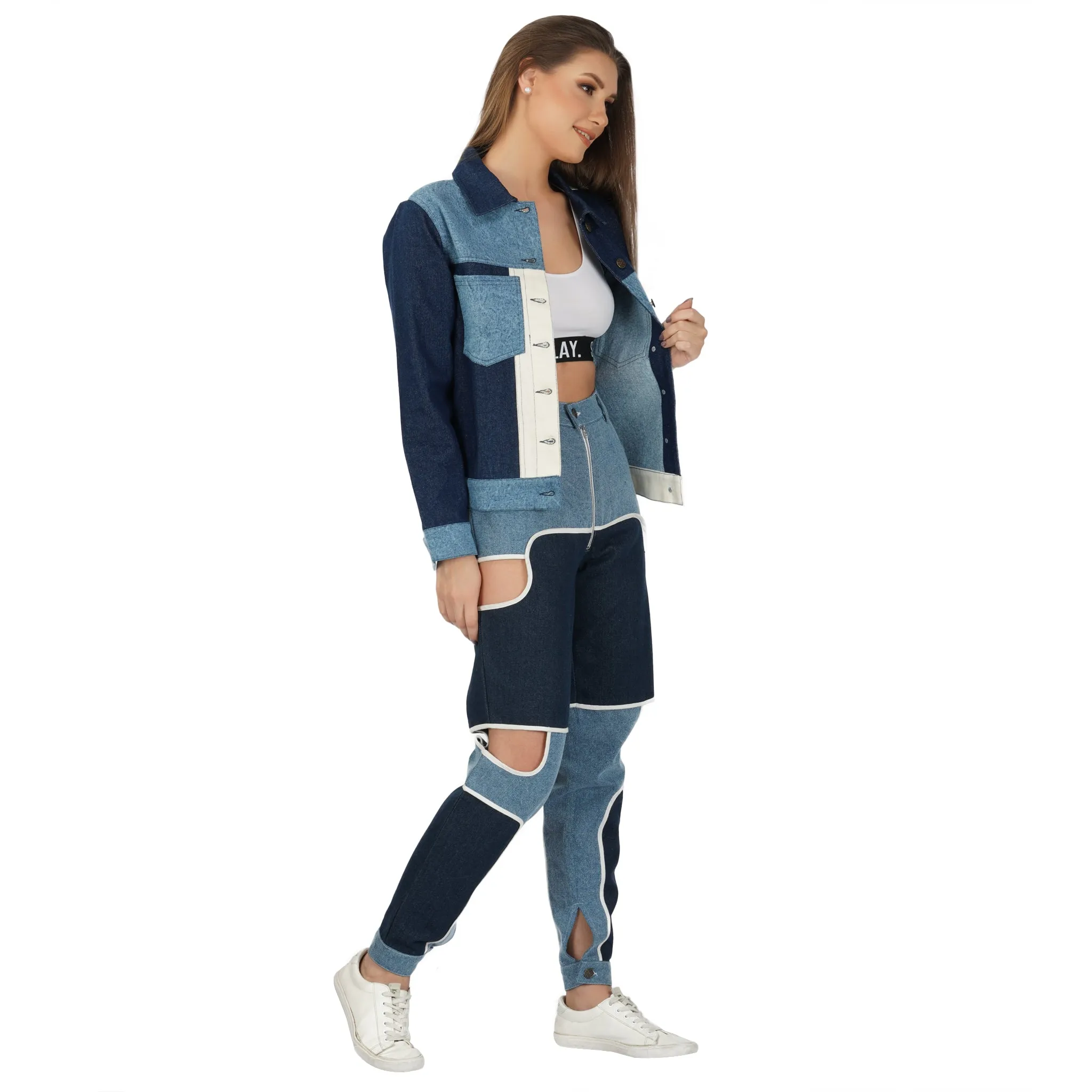 SLAY. Women's Blue & White Colorblock Denim Jacket & Jeans Co-ord Set