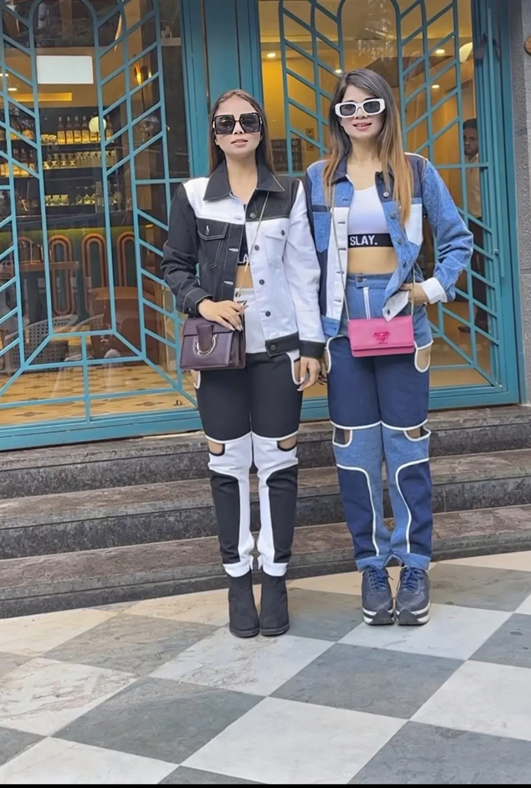 SLAY. Women's Blue & White Colorblock Denim Jacket & Jeans Co-ord Set