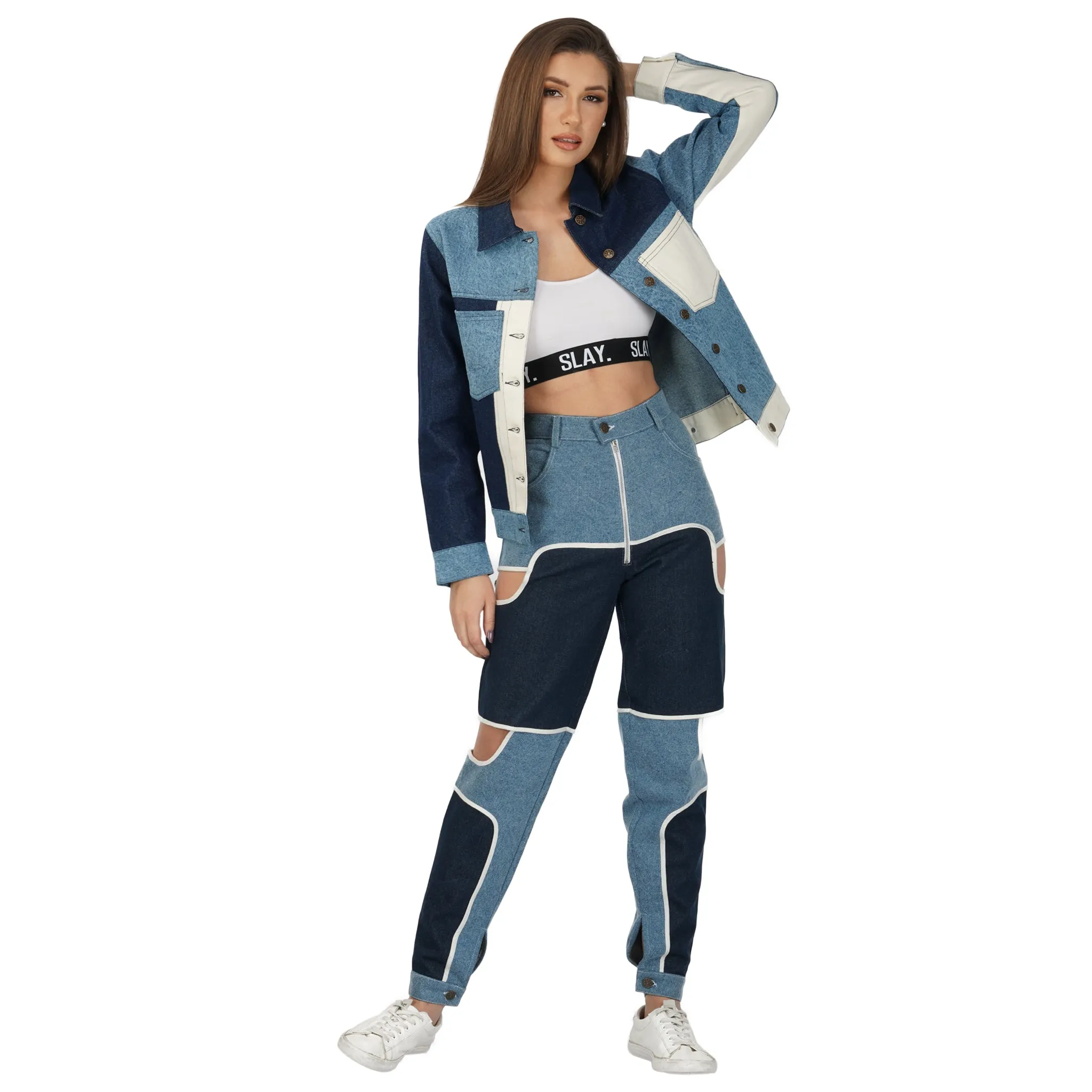 SLAY. Women's Blue & White Colorblock Denim Jacket & Jeans Co-ord Set