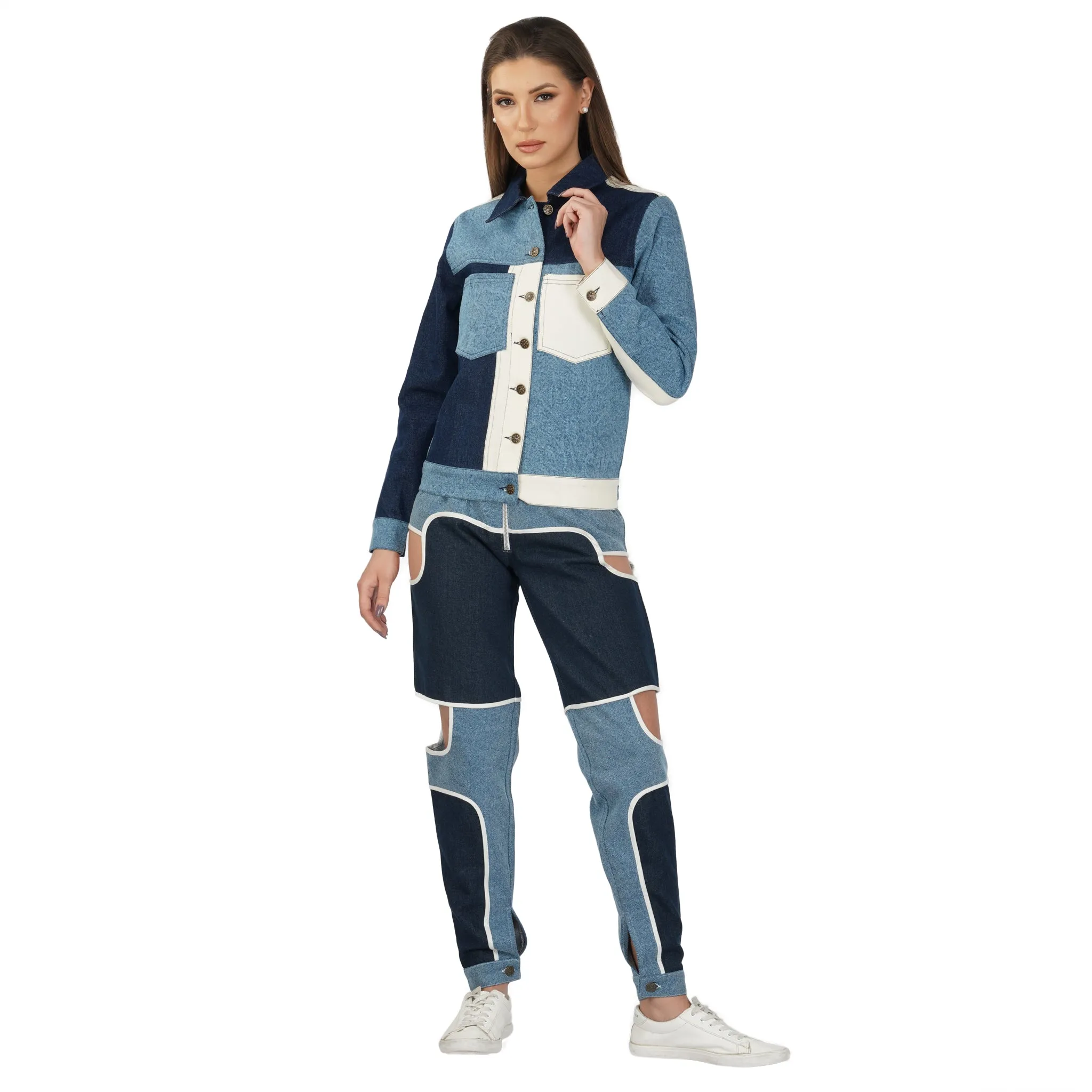 SLAY. Women's Blue & White Colorblock Denim Jacket & Jeans Co-ord Set