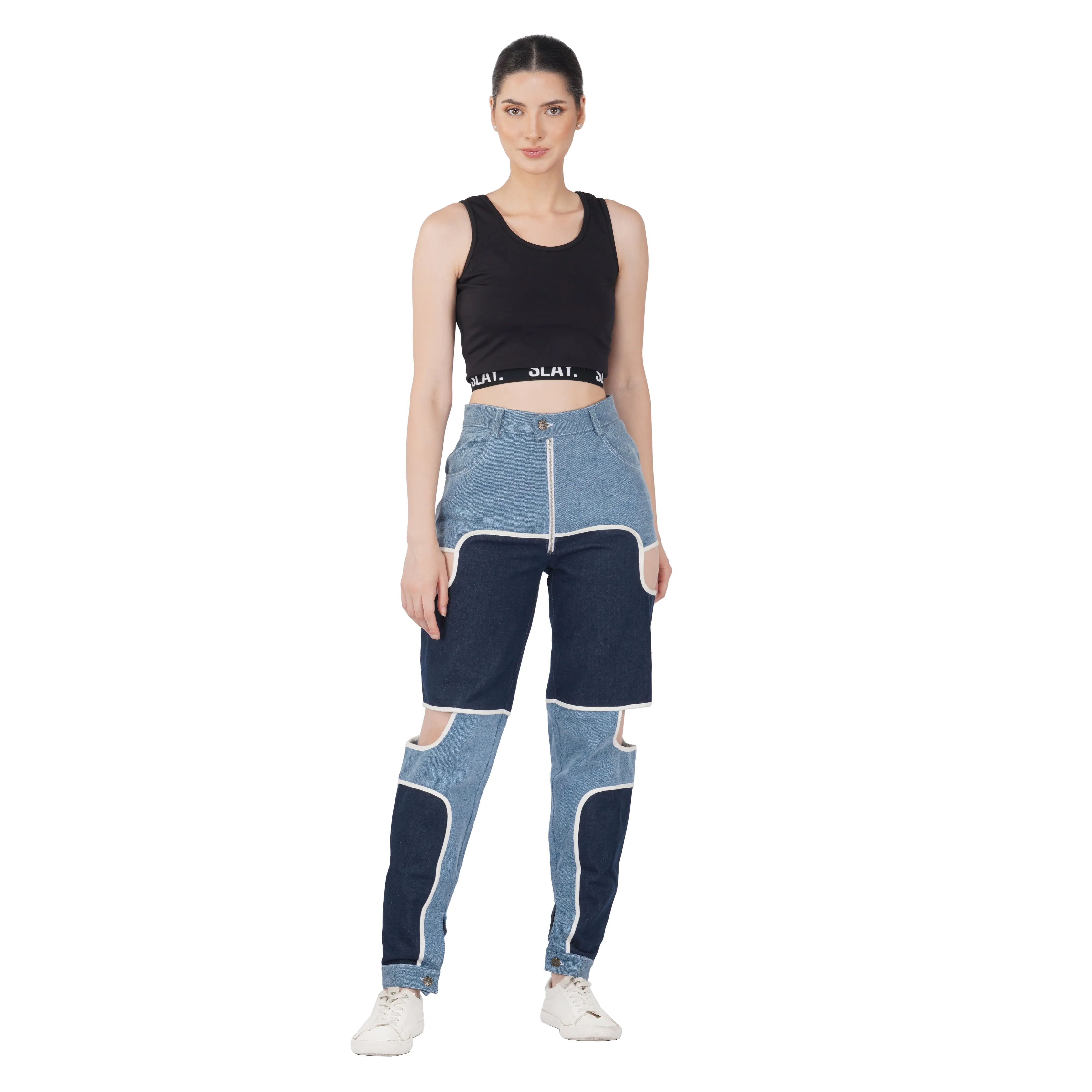 SLAY. Women's Blue & White Colorblock Denim Jacket & Jeans Co-ord Set