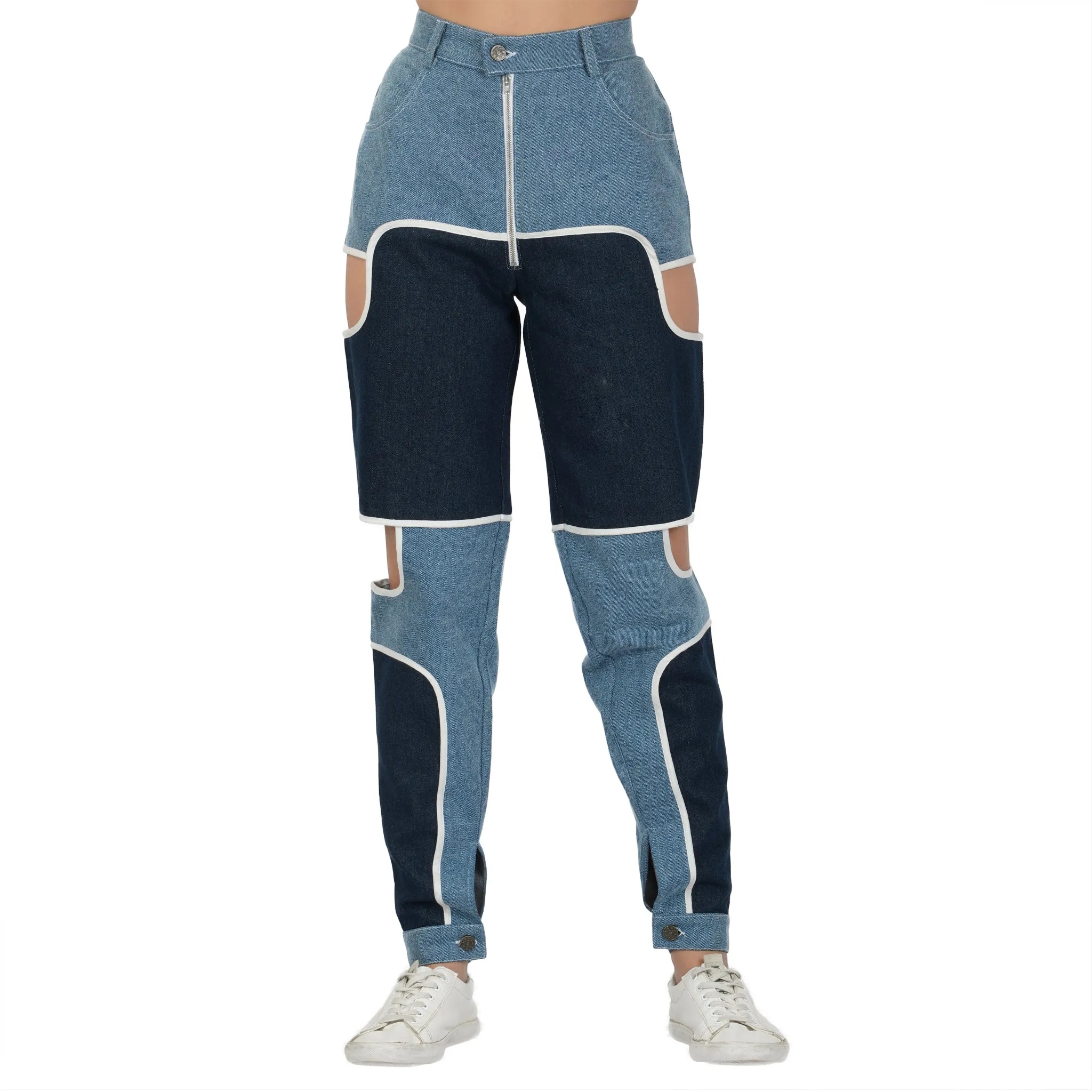 SLAY. Women's Blue & White Colorblock Denim Jacket & Jeans Co-ord Set