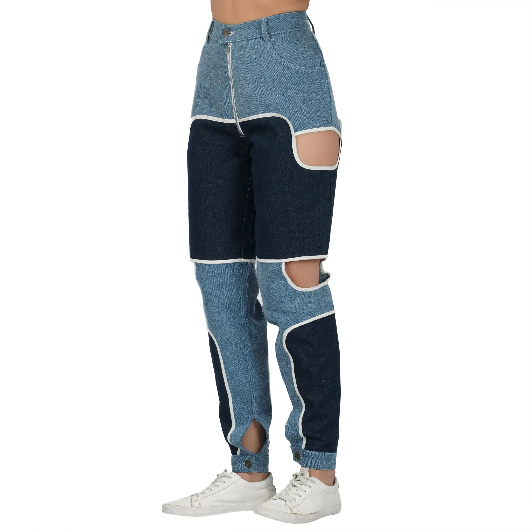 SLAY. Women's Blue & White Colorblock Denim Jacket & Jeans Co-ord Set