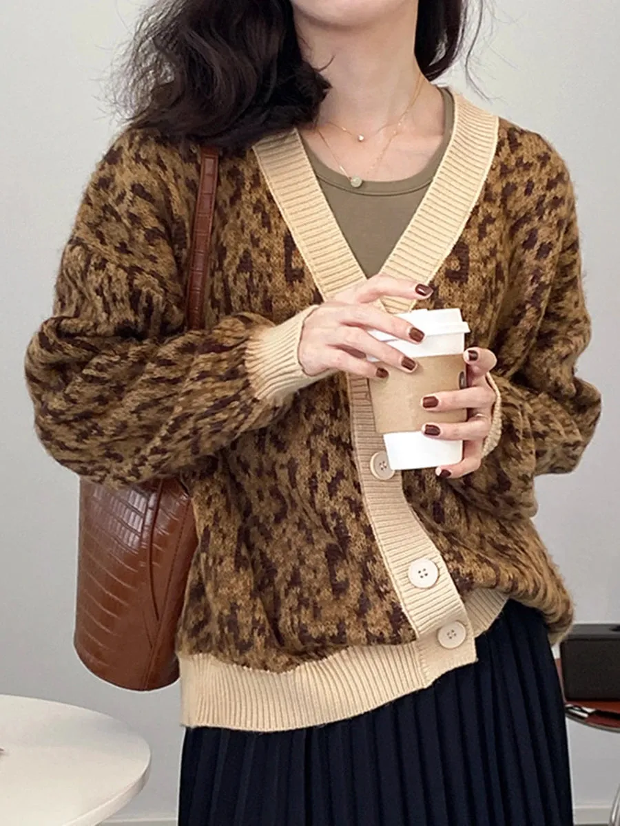 Spring Leopard Patchwork Cardigan Single Breasted Oversized Jacket Loose Warm Knitted Cardigan for Women C-047