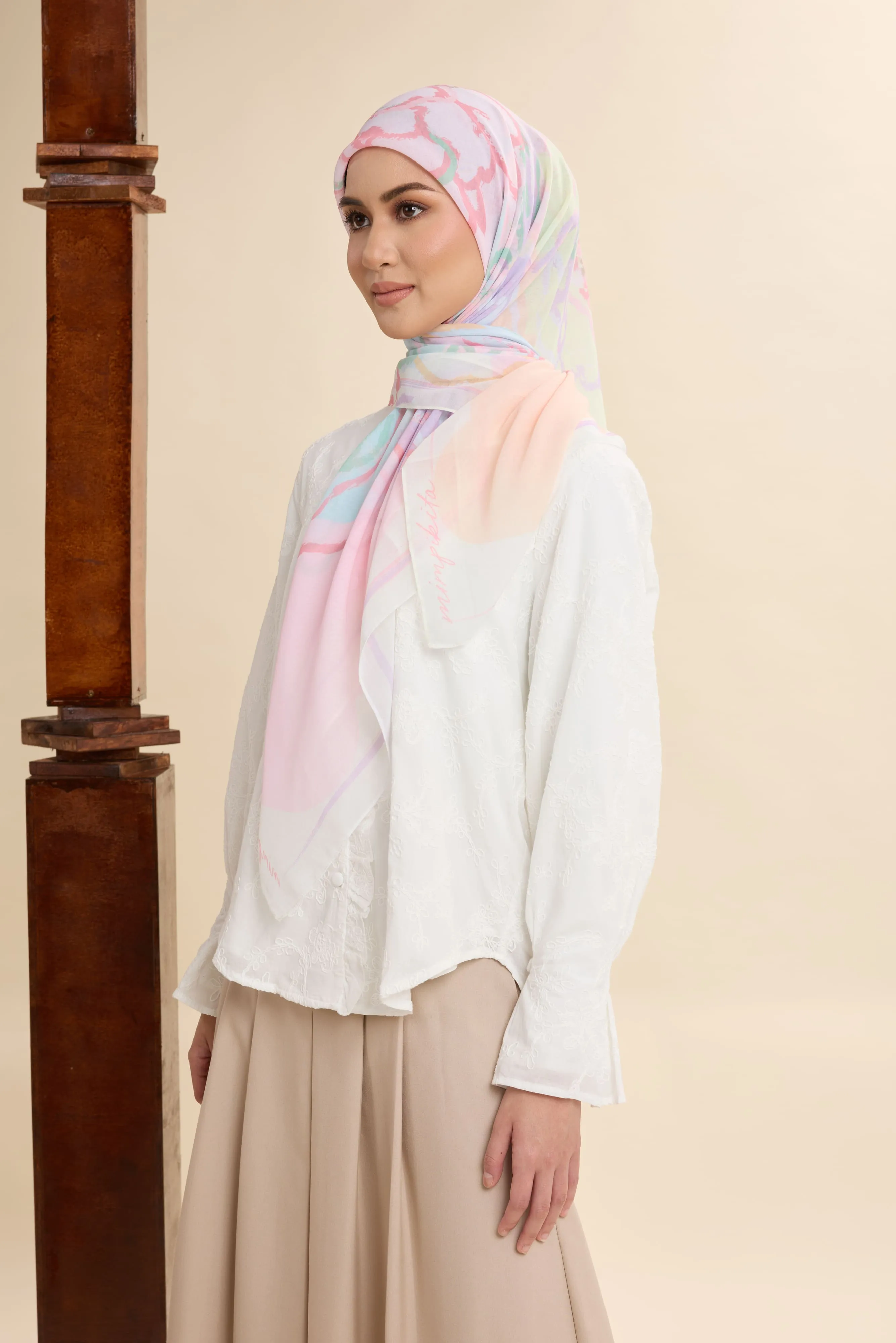 Thalia Candy Cream Abstract Square Voile Scarf