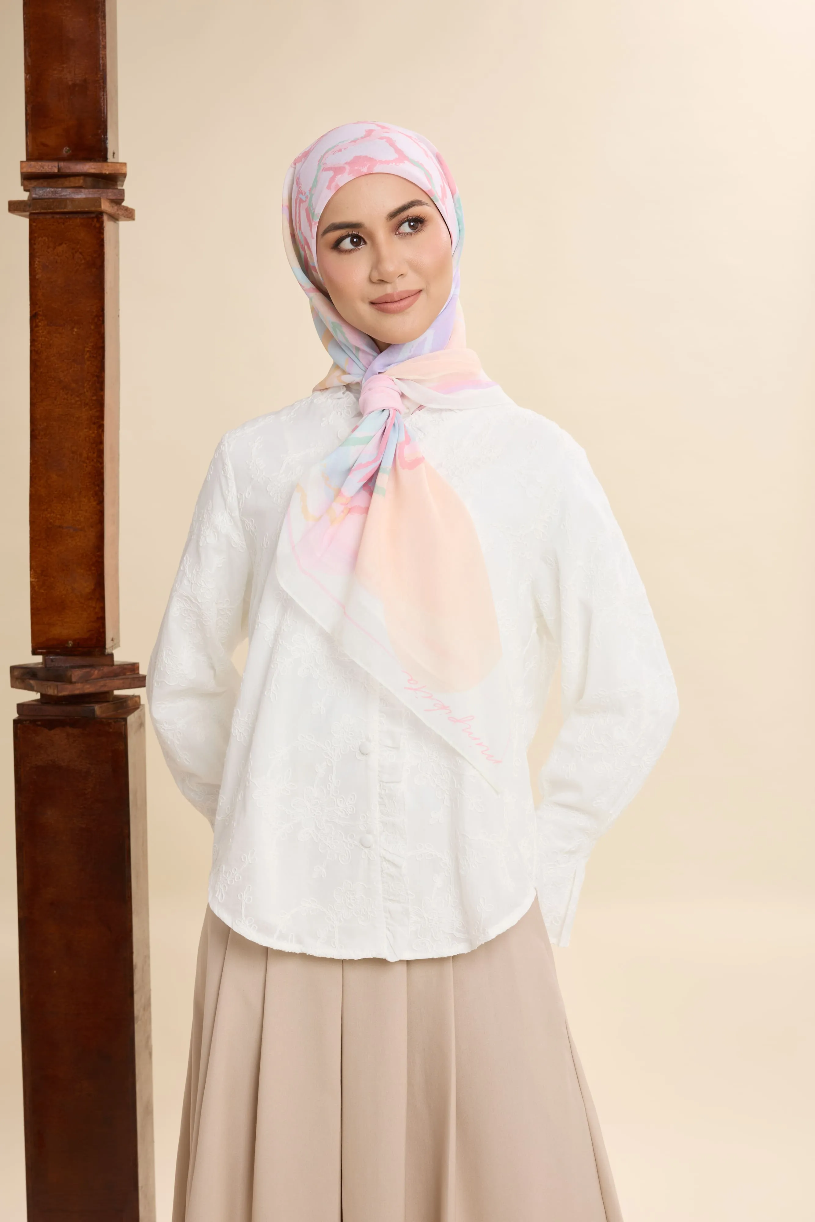 Thalia Candy Cream Abstract Square Voile Scarf