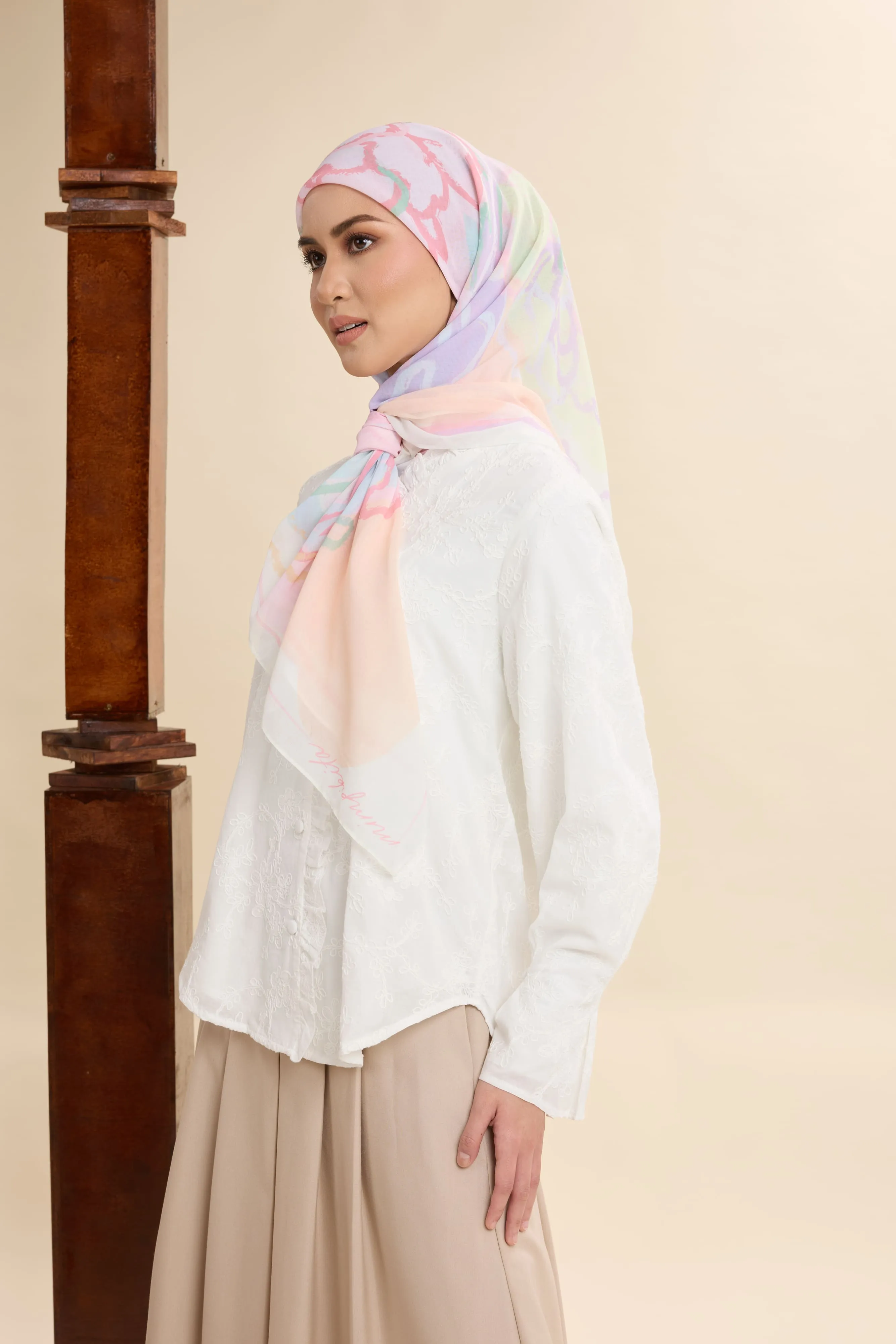 Thalia Candy Cream Abstract Square Voile Scarf