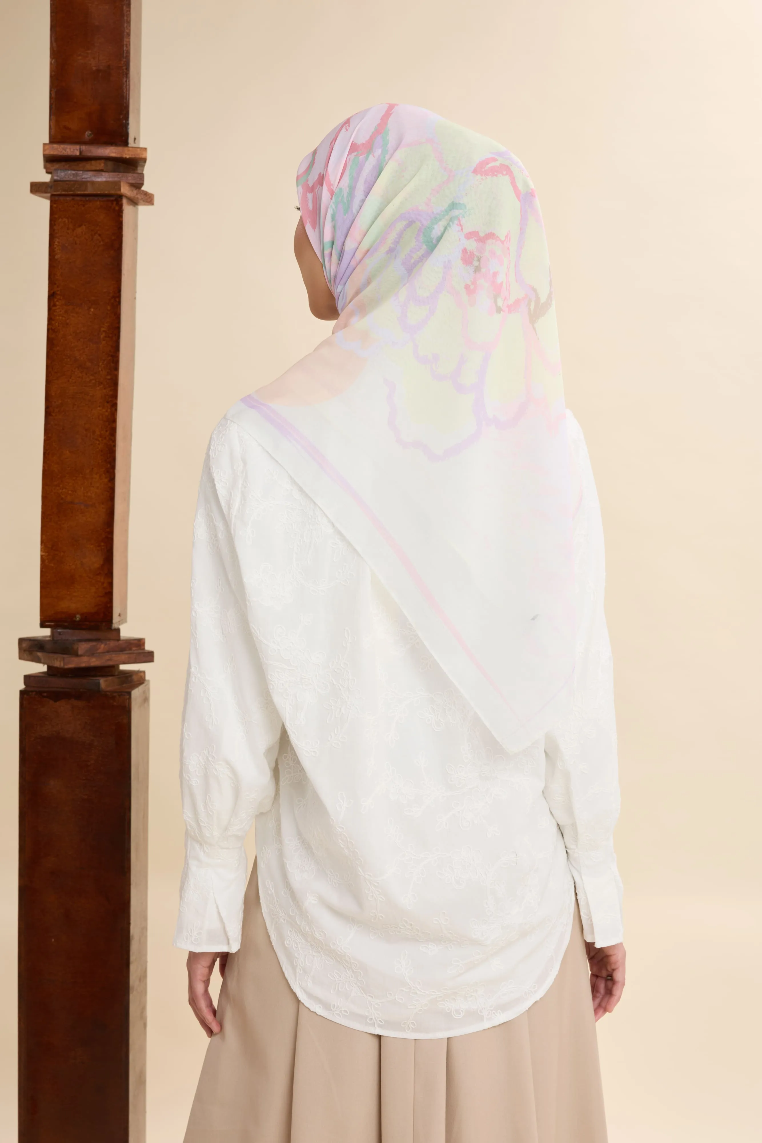 Thalia Candy Cream Abstract Square Voile Scarf