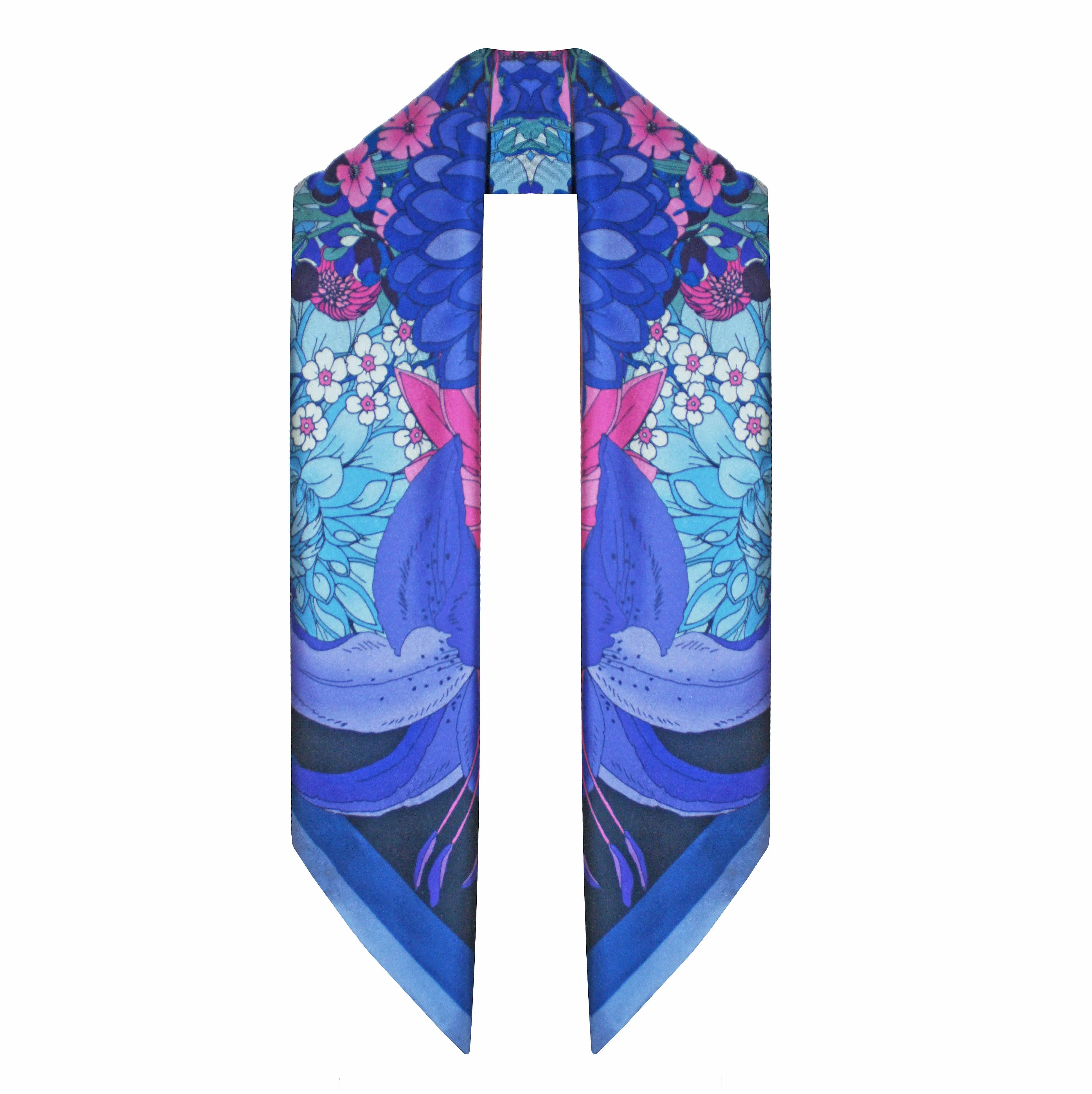 The Dahlia Bouquet Silk Scarf - Indigo | 45x45cm