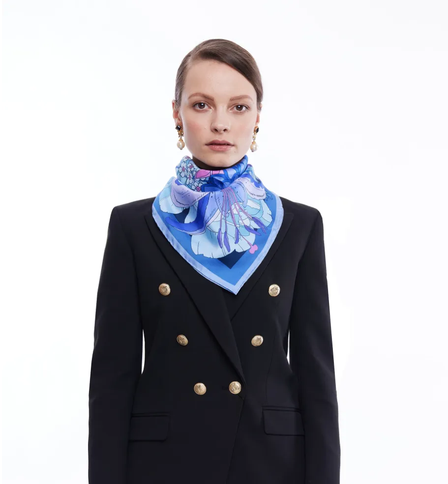 The Dahlia Bouquet Silk Scarf - Indigo | 45x45cm