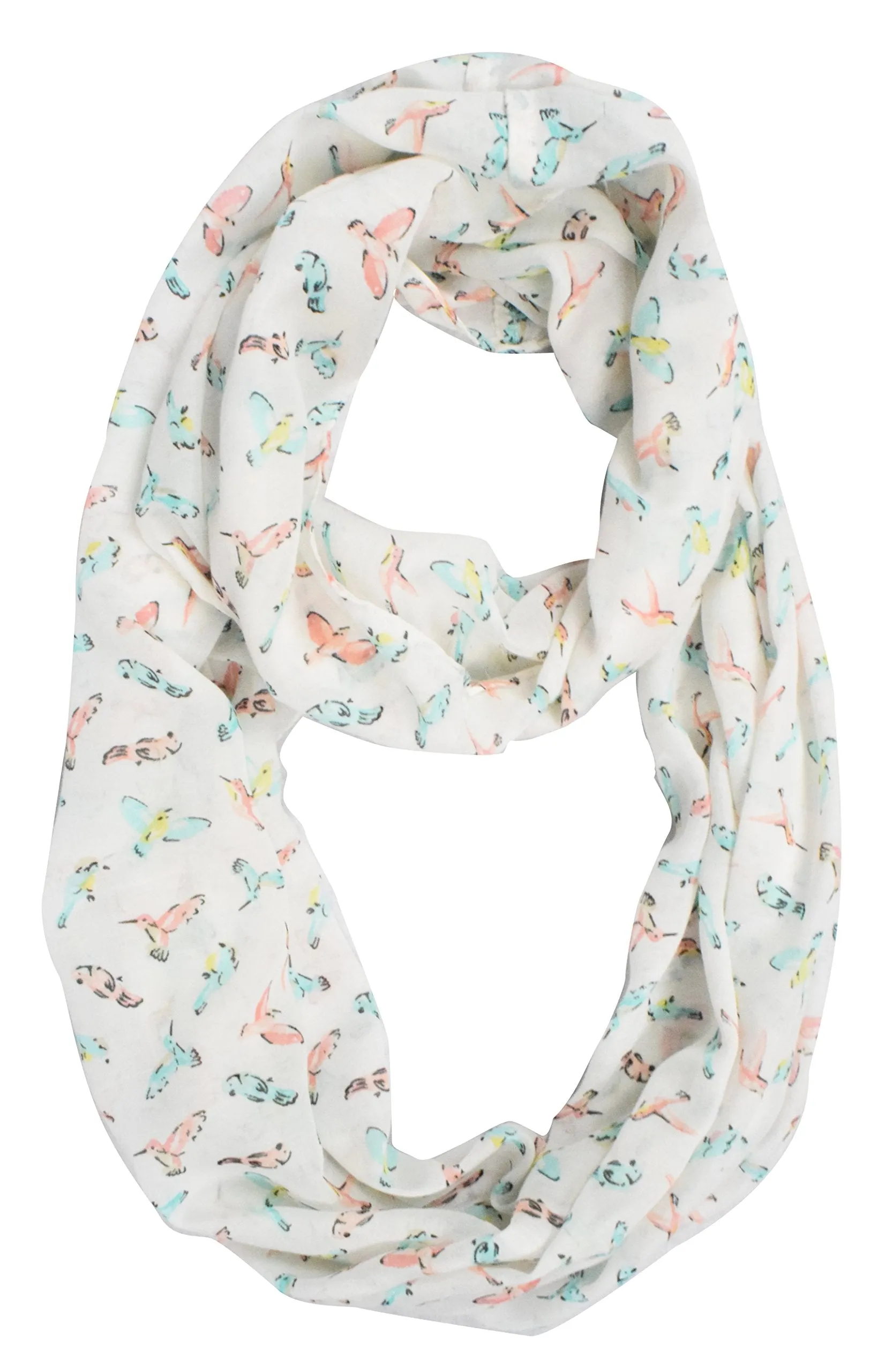 Vintage Graphic Sheer Bird Print Scarf Infinity Scarf Loops Circle Scarf White