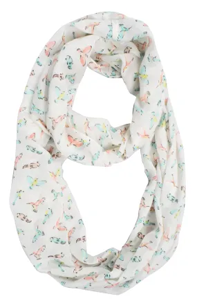 Vintage Graphic Sheer Bird Print Scarf Infinity Scarf Loops Circle Scarf White