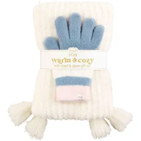 White Color Block Glove and Scarf Set