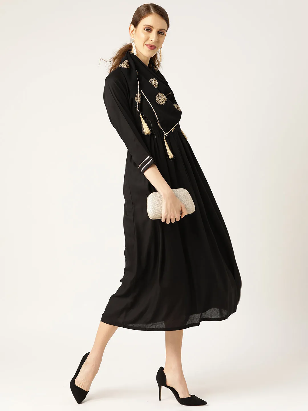 Women Black Gathered Dress With Foil Print Scraf